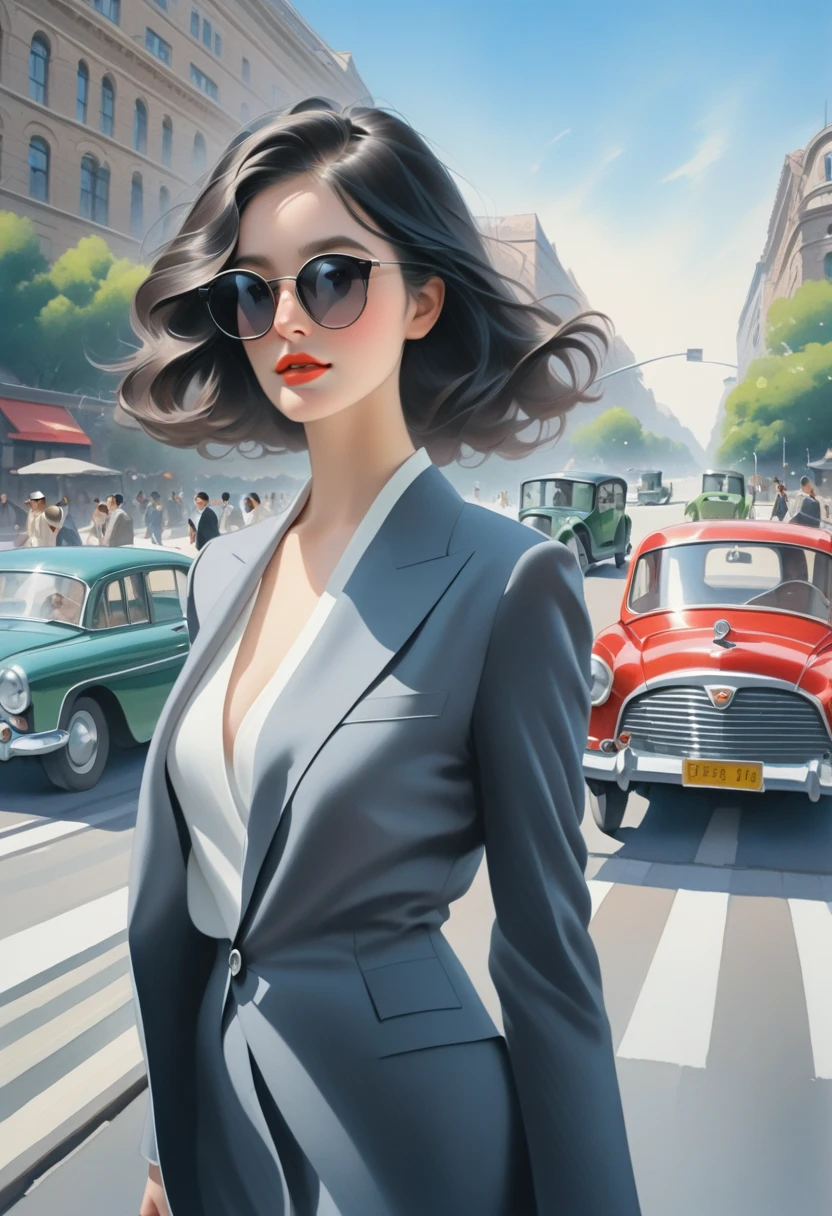 bissett, illustration, ink watercolor, white background, , 
1girl, solo, long hair, monochrome, bag, high heels, umbrella, ground vehicle, motor vehicle, walking, handbag, car, tiffany blue unmbrella,
 <lora:bissett-02:1>