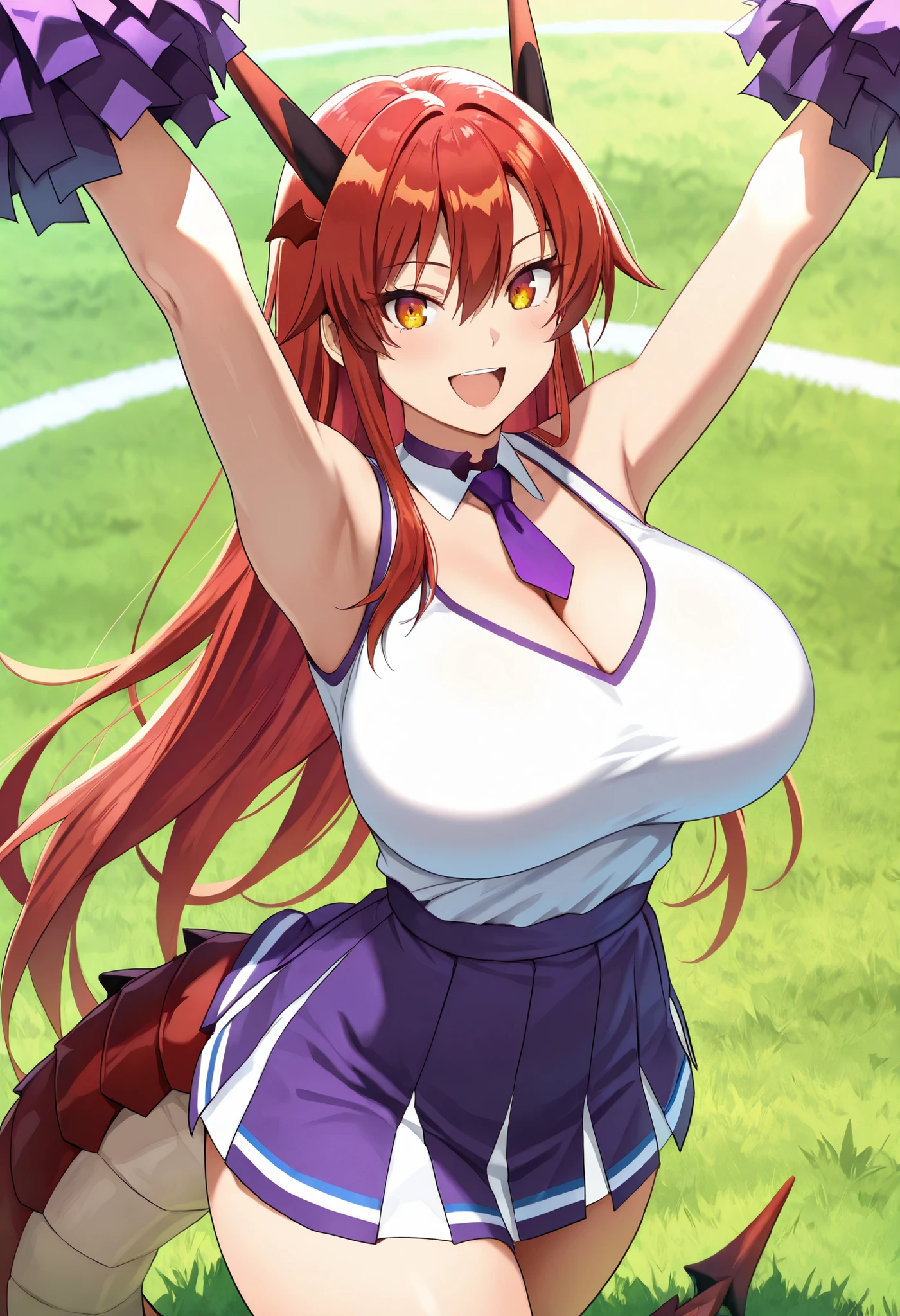 (best quality, masterpiece, ultra detailed, high resolution), Beautiful , tall, score_9, anime style, Masterpiece, best quality, 1girl, purple necktie, solo,tania, amber eyes, single sidelock, red hair, long hair, hair between eyes, head wings, dragon horns,, , ,, purple choker, detached collar, cleavage, thick thighs, look at viewer, smiling,  shoulders, purple gloves, , purple necktie, purple pom-pom, two-tone shirt , white shirt , cheerleader costume, cheerleader , , midriff, shirt tucked in, crop top, oudoors, lawn background, grass, dragon tail,  arms up, :D, 