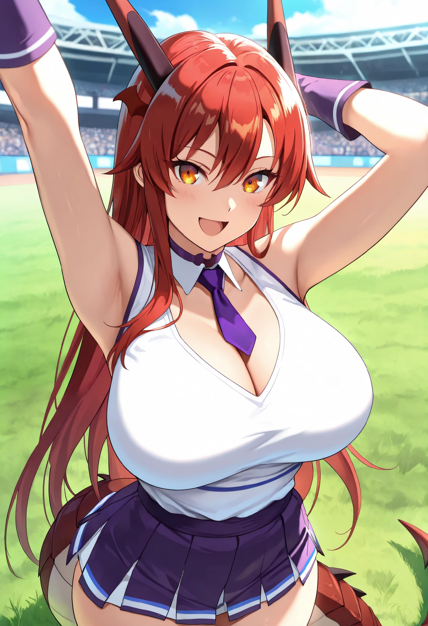 (best quality, masterpiece, ultra detailed, high resolution), Beautiful , tall, score_9, anime style, Masterpiece, best quality, 1girl, purple necktie, solo,tania, amber eyes, single sidelock, red hair, long hair, hair between eyes, head wings, dragon horns,, , ,, purple choker, detached collar, cleavage, thick thighs, look at viewer, smiling, shoulders, purple gloves, , purple necktie, purple pom-pom, two-tone shirt , white shirt , cheerleader costume, cheerleader , , midriff, shirt tucked in, crop top, oudoors, lawn background, grass, dragon tail, arms up, :D,