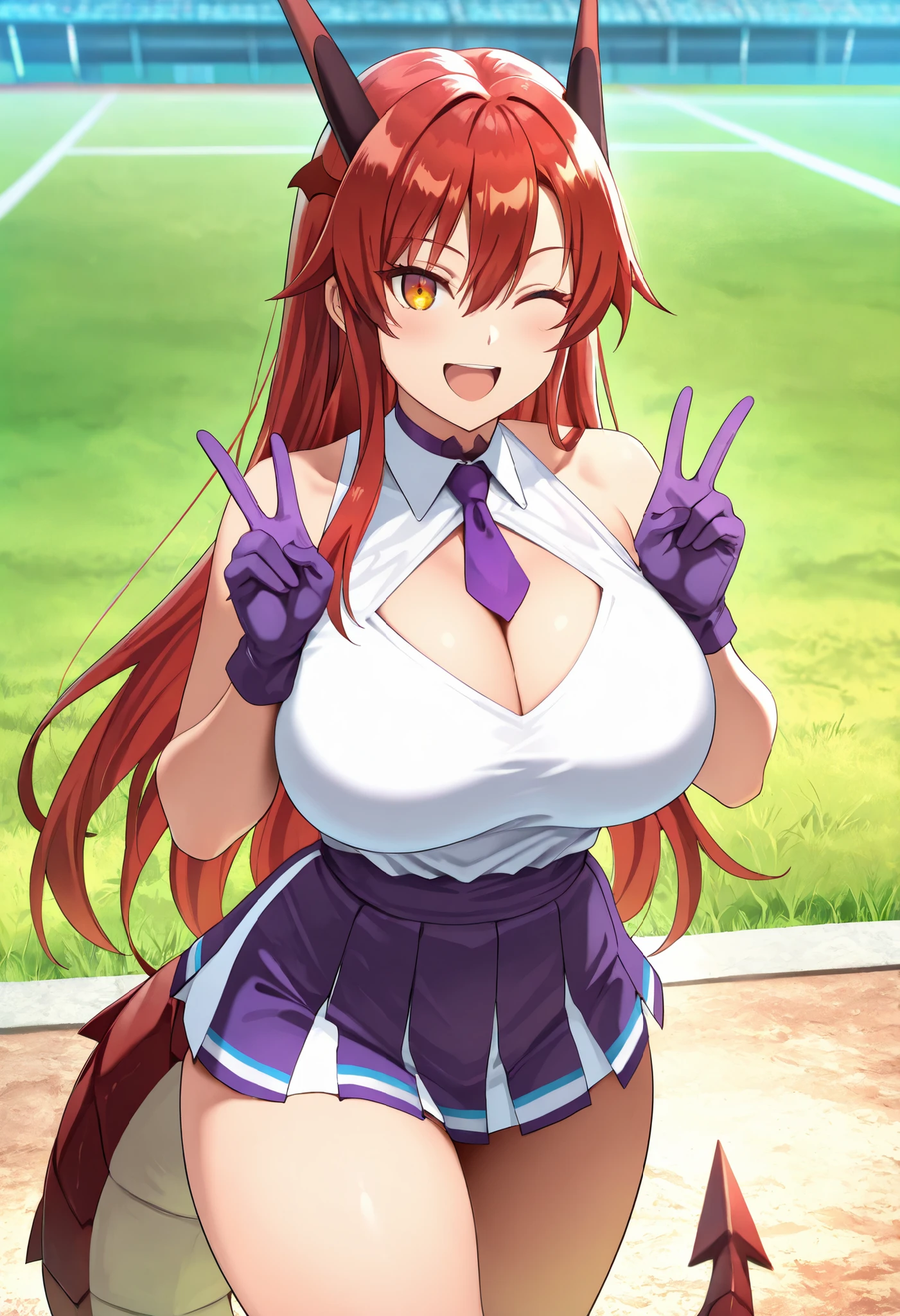 (best quality, masterpiece, ultra detailed, high resolution), Beautiful , tall, score_9, anime style, Masterpiece, best quality, 1girl, purple necktie, solo,tania, amber eyes, single sidelock, red hair, long hair, hair between eyes, head wings, dragon horns,, , ,, purple choker, detached collar, cleavage, thick thighs, look at viewer, smiling,  shoulders, purple gloves, , purple necktie, purple pom-pom, two-tone shirt , white shirt , cheerleader costume, cheerleader , , midriff, shirt tucked in, crop top, oudoors, lawn background, grass, dragon tail,  double V gesture, wink one eye, :D, 