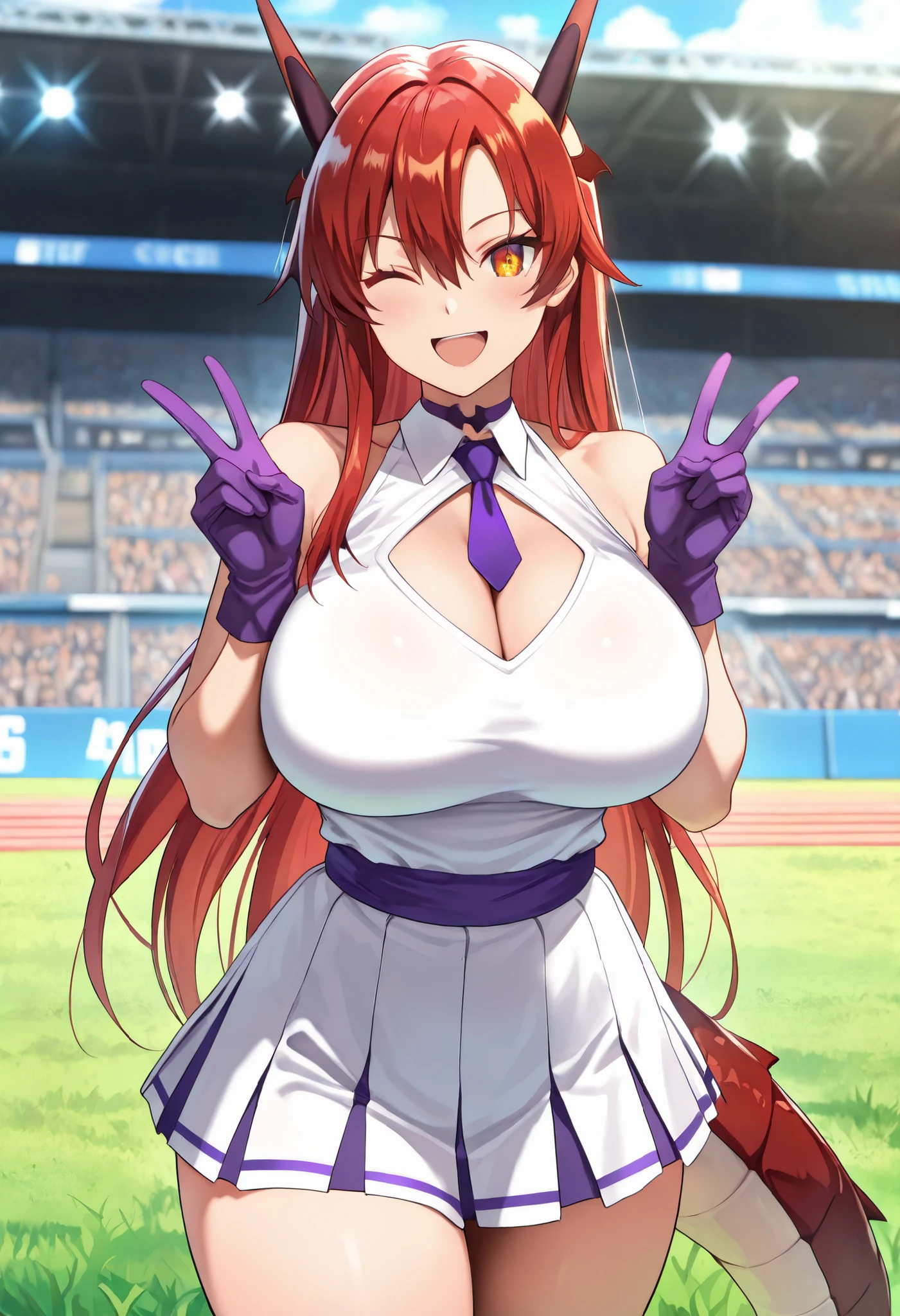 (best quality, masterpiece, ultra detailed, high resolution), Beautiful , tall, score_9, anime style, Masterpiece, best quality, 1girl, purple necktie, solo,tania, amber eyes, single sidelock, red hair, long hair, hair between eyes, head wings, dragon horns,, , ,, purple choker, detached collar, cleavage, thick thighs, look at viewer, smiling, shoulders, purple gloves, , purple necktie, purple pom-pom, two-tone shirt , white shirt , cheerleader costume, cheerleader , , midriff, shirt tucked in, crop top, oudoors, lawn background, grass, dragon tail, double V gesture, wink one eye, :D,