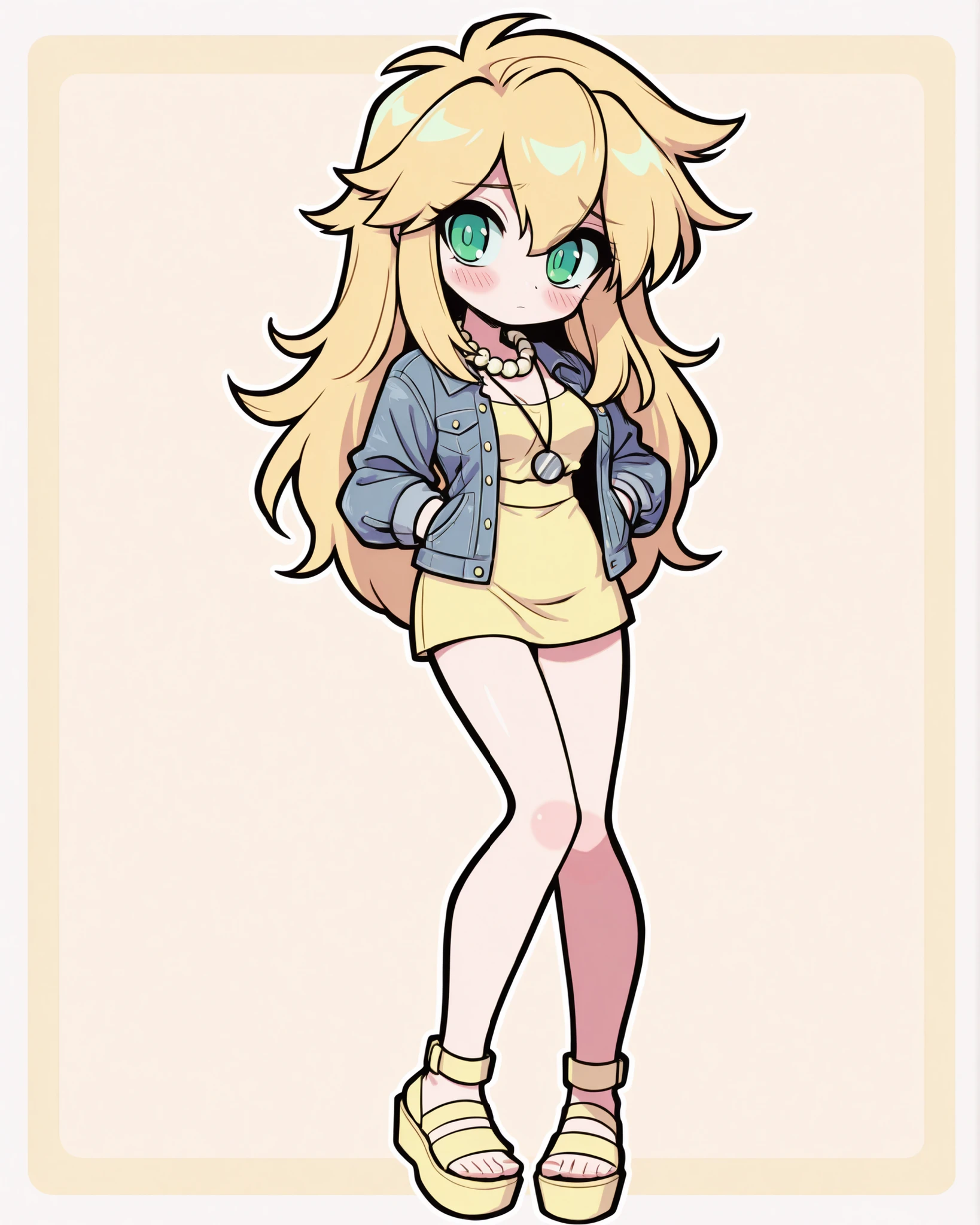 CartoonyIllustrious,renegade princess,blush, blonde hair, green eyes, long hair, breasts, bangs, hair between eyes, shojo anime in retro 90s style: denim jacket, platform shoes, chunky necklace, pastel yellow solid background, crisp art, 90+ quality.