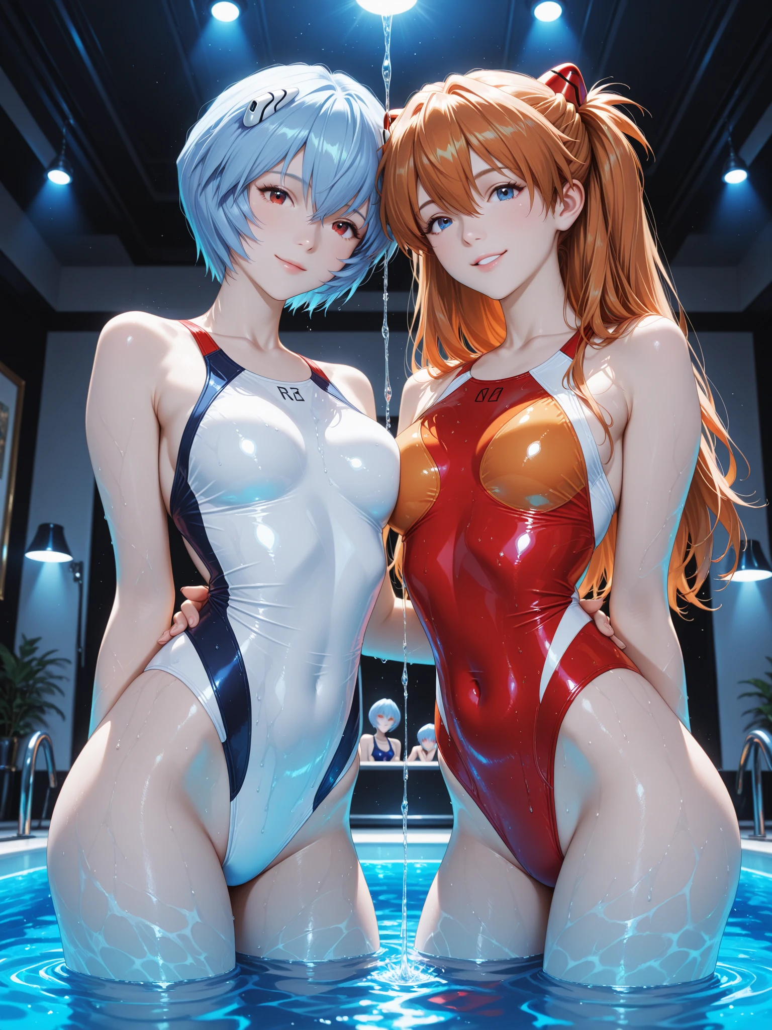 in 8K、超A high resolution、Best Quality、masutepiece(huge-breasted:1.2)、(Red and navy blue lines、Pretty High Leg T-Back Swim Racing Suit、highleg:1.5)、(Stand with your crotch wide apart、stand up:1.3)(Put your hands behind your head、Show the armpits:1.4)(Lazy river:1.3) (Black-haired chignon:1.5)(huge smile:1.2)、(Tempered body、Toned body、Split abs:1.38)Eye lashes、long lashes、Distinct double eyelids、a small face、(Highlights in the eyes、lipgloss)、Fine-grained skin、kawaii faces