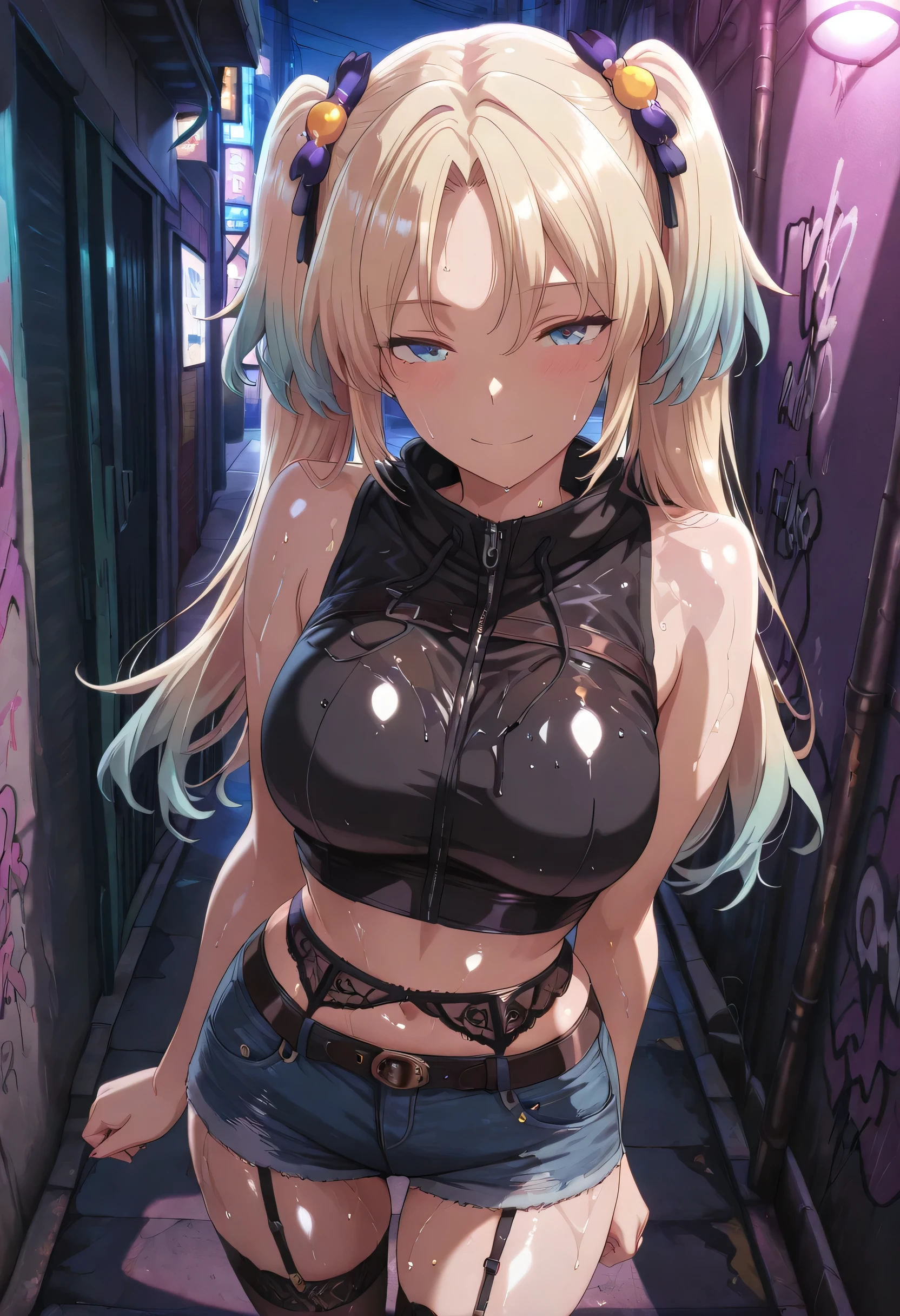 masterpiece, best quality, absurd, latest, high resolution, official art, screenshot, anime screenshot, anime coloring, masterpiece,best quality,absurdres,newest,highres, official art, detailed eyes,anime eyes,high detail eyes,multicolored iris,detailed iris,anime style 1girl Osawa Rurino, blonde hair, long hair, blue eyes, hair ornament, multicolored hair, gradient hair, twintails, parted bangs, double twintails, large breasts, shiny skin, wet body relista4k, oily shiny skin 4k, sweat, shiny hair 4k, short denim shorts, black stockings with garter belt, black sleeveless crop top, in Tokyo city in an alley with a lot of dark graffiti, realistic shadow of luiz beautiful realistic scenery, in Tokyo city in an alley with a lot of dark graffiti, realistic shadow of luiz beautiful realistic scenery, beautiful aesthetics with purple light, at night, beautiful aesthetics with light purple, very beautiful aesthetic lighting, lighting with a lot of realism on the body, beautiful scenery with a lot of details, in a beautiful masterpiece, best quality, extremely detailed face, perfect lighting, beautiful scenery with a lot of details, in a beautiful, masterpiece, best quality, extremely detailed face, perfect lighting, beautiful, masterpiece, best quality, extremely detailed face, perfect lighting, beautiful, masterpiece, best quality, extremely detailed face, perfect lighting, posing to take a photo, sexy pose with naughty look at the viewer