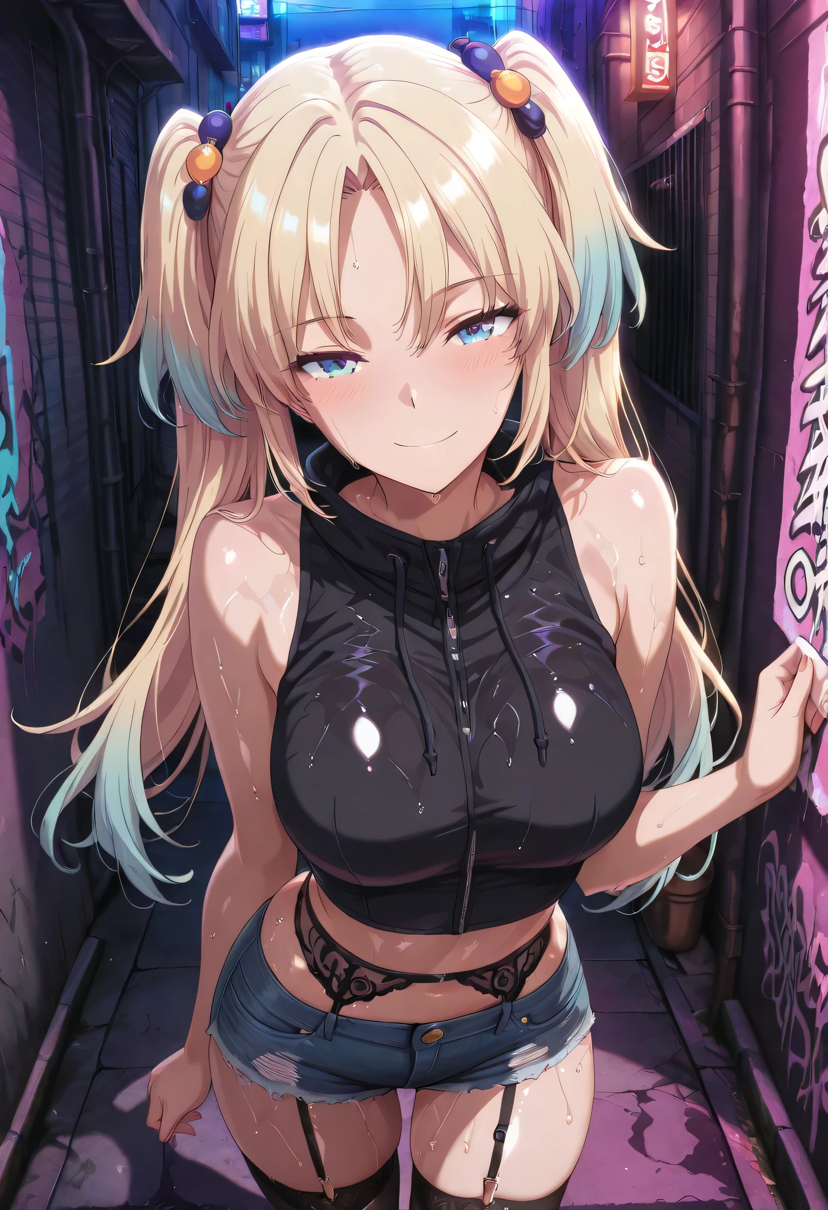 masterpiece, best quality, absurd, latest, high resolution, official art, screenshot, anime screenshot, anime coloring, masterpiece,best quality,absurdres,newest,highres, official art, detailed eyes,anime eyes,high detail eyes,multicolored iris,detailed iris,anime style 1girl Osawa Rurino, blonde hair, long hair, blue eyes, hair ornament, multicolored hair, gradient hair, twintails, parted bangs, double twintails, large breasts, shiny skin, wet body relista4k, oily shiny skin 4k, sweat, shiny hair 4k, short denim shorts, black stockings with garter belt, black sleeveless crop top, in Tokyo city in an alley with a lot of dark graffiti, realistic shadow of luiz beautiful realistic scenery, in Tokyo city in an alley with a lot of dark graffiti, realistic shadow of luiz beautiful realistic scenery, beautiful aesthetics with purple light, at night, beautiful aesthetics with light purple, very beautiful aesthetic lighting, lighting with a lot of realism on the body, beautiful scenery with a lot of details, in a beautiful masterpiece, best quality, extremely detailed face, perfect lighting, beautiful scenery with a lot of details, in a beautiful, masterpiece, best quality, extremely detailed face, perfect lighting, beautiful, masterpiece, best quality, extremely detailed face, perfect lighting, beautiful, masterpiece, best quality, extremely detailed face, perfect lighting, posing to take a photo, sexy pose with naughty look at the viewer
