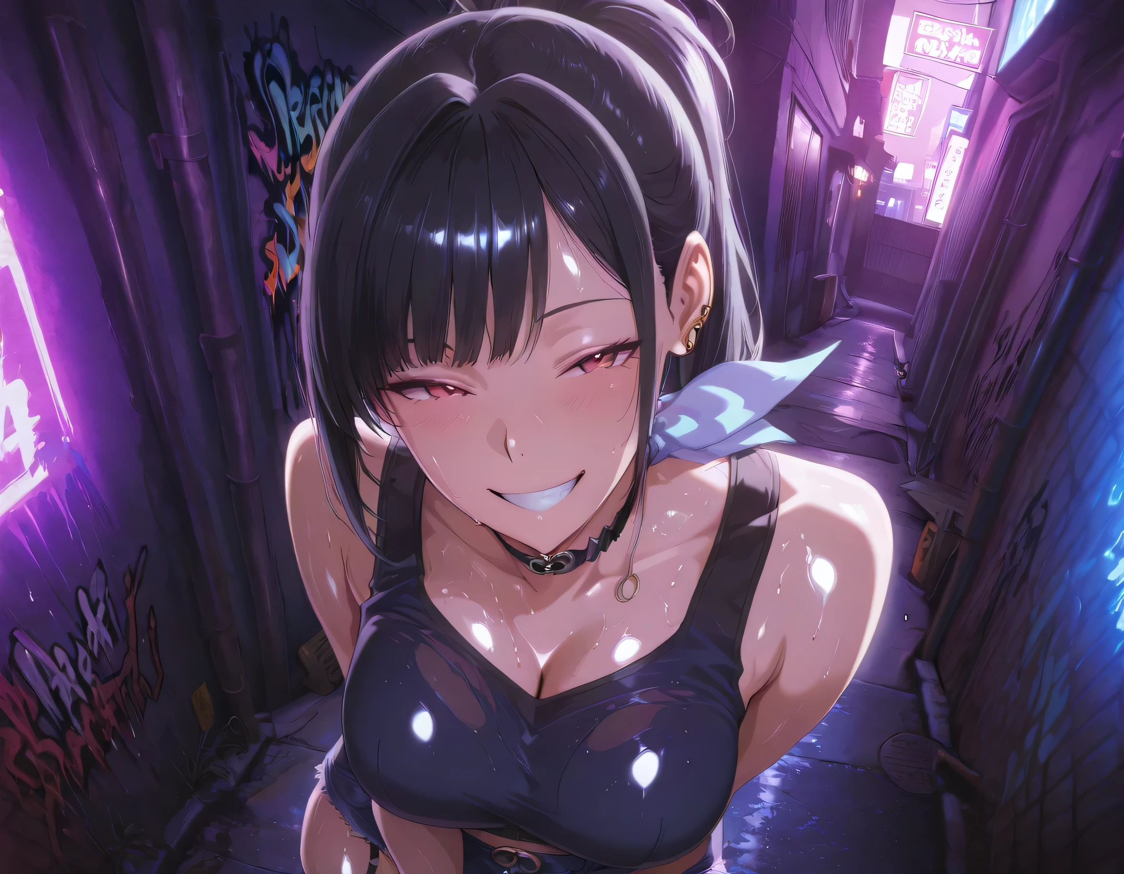 masterpiece, best quality, absurd, latest, high resolution, official art, screenshot, anime screenshot, anime coloring, masterpiece,best quality,absurdres,newest,highres, official art, detailed eyes,anime eyes,high detail eyes,multicolored iris,detailed iris,anime style 1girl srnk, red eyes, black hair, ponytail, straight bangs, ear piercing, jewelry, choker, blue bow, large breasts, shiny skin, wet body relista4k, oily shiny skin 4k, sweat, shiny hair 4k, short denim shorts, black stockings with garter belt, black sleeveless crop top, in Tokyo city in an alley with a lot of dark graffiti, realistic shadow of luiz beautiful realistic scenery, in Tokyo city in an alley with a lot of dark graffiti, realistic shadow of luiz beautiful realistic scenery, beautiful aesthetics with purple light, at night, beautiful aesthetics with light purple, very beautiful aesthetic lighting, lighting with a lot of realism on the body, beautiful scenery with a lot of details, in a beautiful masterpiece, best quality, extremely detailed face, perfect lighting, beautiful scenery with a lot of details, in a beautiful, masterpiece, best quality, extremely detailed face, perfect lighting, beautiful, masterpiece, best quality, extremely detailed face, perfect lighting, beautiful, masterpiece, best quality, extremely detailed face, perfect lighting, posing to take a photo, sexy pose with naughty look at the viewer