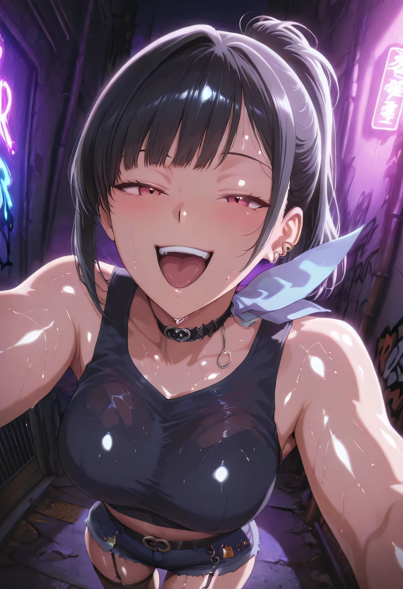 masterpiece, best quality, absurd, latest, high resolution, official art, screenshot, anime screenshot, anime coloring, masterpiece,best quality,absurdres,newest,highres, official art, detailed eyes,anime eyes,high detail eyes,multicolored iris,detailed iris,anime style 1girl  srnk, red eyes, black hair, ponytail, straight bangs, ear piercing, jewelry, choker, blue bow, large breasts, shiny skin, wet body relista4k, oily shiny skin 4k, sweat, shiny hair 4k, short denim shorts, black stockings with garter belt, black sleeveless crop top, in Tokyo city in an alley with a lot of dark graffiti, realistic shadow of luiz beautiful realistic scenery, in Tokyo city in an alley with a lot of dark graffiti, realistic shadow of luiz beautiful realistic scenery, beautiful aesthetics with purple light, at night, beautiful aesthetics with light purple, very beautiful aesthetic lighting, lighting with a lot of realism on the body, beautiful scenery with a lot of details, in a beautiful masterpiece, best quality, extremely detailed face, perfect lighting, beautiful scenery with a lot of details, in a beautiful, masterpiece, best quality, extremely detailed face, perfect lighting, beautiful, masterpiece, best quality, extremely detailed face, perfect lighting, beautiful, masterpiece, best quality, extremely detailed face, perfect lighting, posing to take a photo, sexy pose with naughty look at the viewer