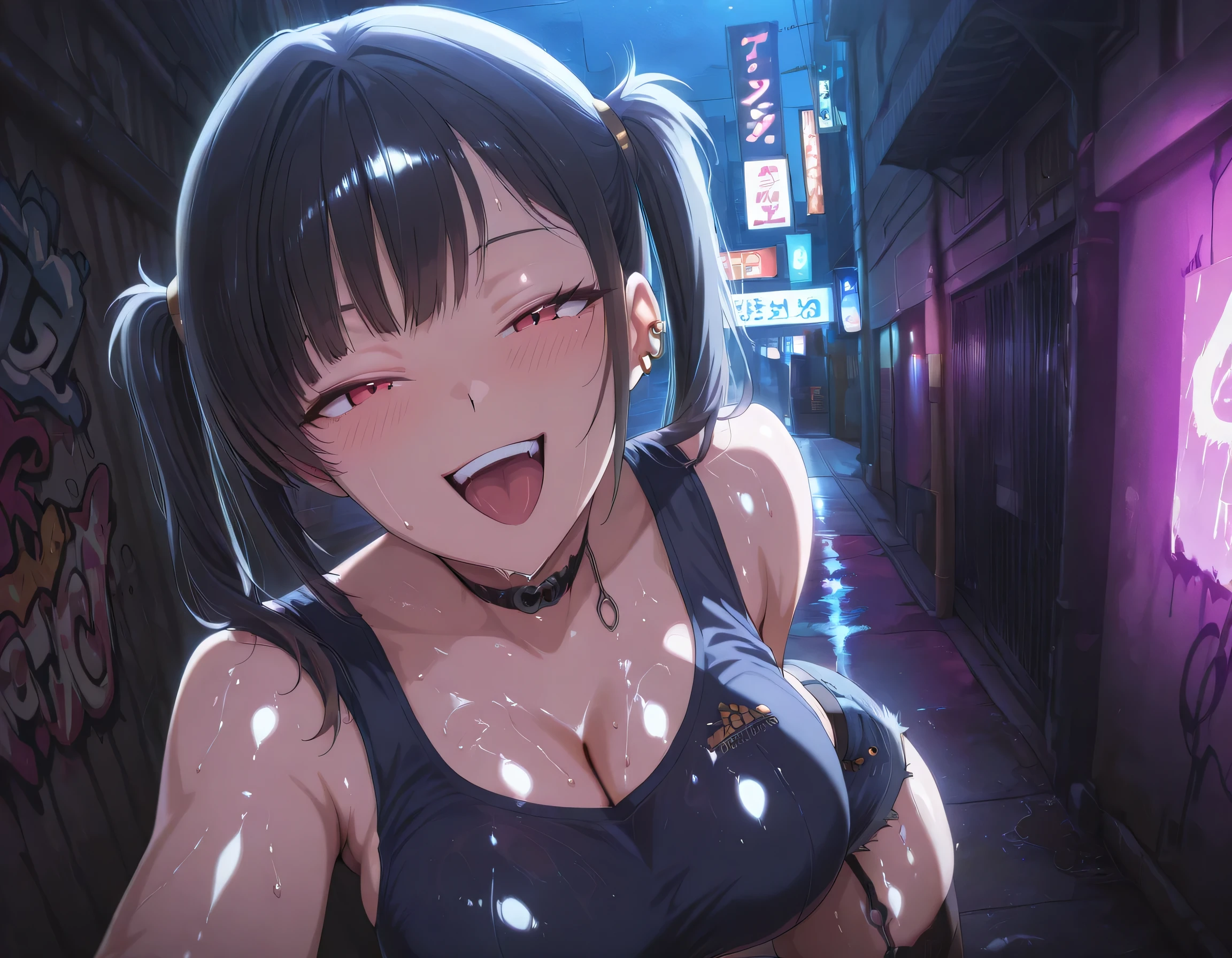 masterpiece, best quality, absurd, latest, high resolution, official art, screenshot, anime screenshot, anime coloring, masterpiece,best quality,absurdres,newest,highres, official art, detailed eyes,anime eyes,high detail eyes,multicolored iris,detailed iris,anime style 1girl <lora:sora-nikke-richy-v1_ixl:1> srnk, red eyes, black hair, two ponytails on each side, straight bangs, ear piercing, jewelry, large breasts, shiny skin, wet body relista4k, oily shiny skin 4k, sweat, shiny hair 4k, short denim shorts, black stockings with garter belt, black sleeveless crop top, in Tokyo city in an alley with a lot of dark graffiti, realistic shadow of luiz beautiful realistic scenery, in Tokyo city in an alley with a lot of dark graffiti, realistic shadow of luiz beautiful realistic scenery, beautiful aesthetics with purple light, at night, beautiful aesthetics with light purple, very beautiful aesthetic lighting, lighting with a lot of realism on the body, beautiful scenery with a lot of details, in a beautiful masterpiece, best quality, extremely detailed face, perfect lighting, beautiful scenery with a lot of details, in a beautiful, masterpiece, best quality, extremely detailed face, perfect lighting, beautiful, masterpiece, best quality, extremely detailed face, perfect lighting, beautiful, masterpiece, best quality, extremely detailed face, perfect lighting, posing to take a photo, sexy pose with naughty look at the viewer