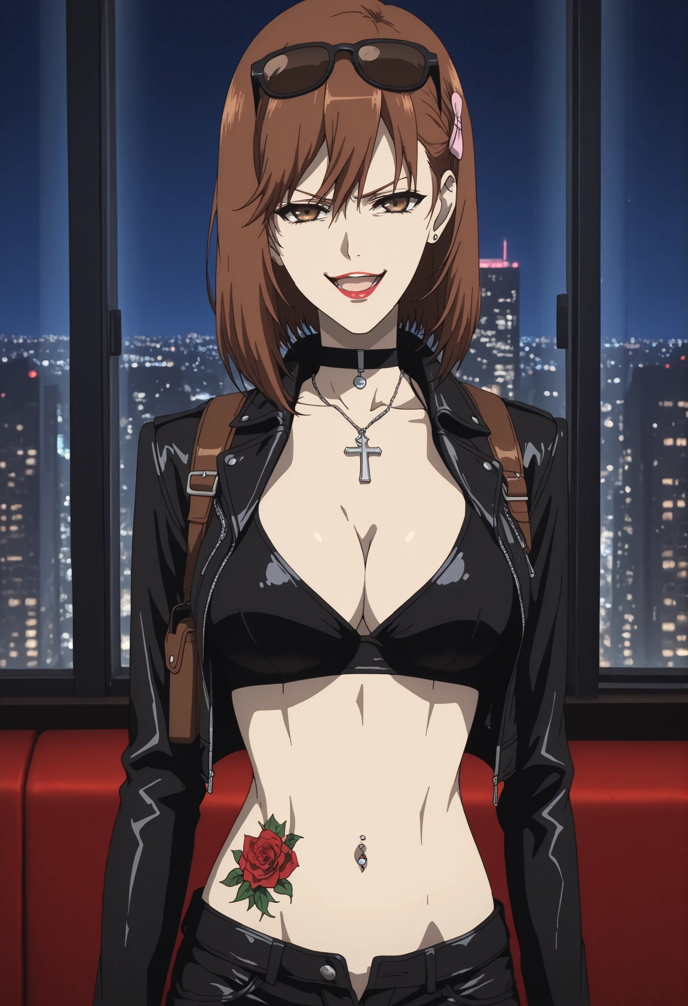 score_9, score_8_up, score_7_up, score_6_up, score_5_up, source_anime, , 1girl, solo, ogura yumi, brown hair, medium hair, pink hair pin, brown eyes, , nail poilsh, ear piercing, , lipstick,Hot girl, baddie, sensual, attractive, ,cross necklace, choker,, bar background, inside bar, indoors, cityscape, casino, nightclub, city lights,,masterpiece , best quality , highly detailed , a girls with a gun , evil smile , open mouth , sexy gaze , badass pose , evil smile , smile , (nsfw) not safe for work , guns blazing , anime girl with long hair , beautiful long haired girl , navel , evil expression , exposed belly , exposed navel , exposed midriff , exposed lower belly , , cleavage , unbuttoned shorts , open fly , shorts , short shorts ,, leather jacket , holding a gun , holding pistol , unbuttoned shirt , collared shirt , knot , pull_down shorts , black short shorts , (show off panties , :1 . 2 , no panties) , zip up leather jacket , bikini top ,,, navel piercing, sunglasses on head,,, shoulder holster, medium large breasts, waist dragon tattoo, narrowed eyes, tattoo waist, , anime screencap , anime coloring, looking at viewer , v-shaped eyebrows,