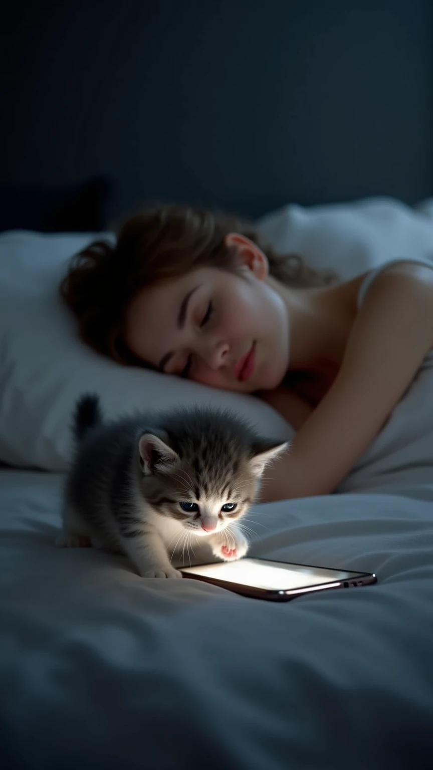 dark room at night,The kitten is touching the smartphone screen with one foot,Beautiful woman sleeping on her side in bed,Bokeh