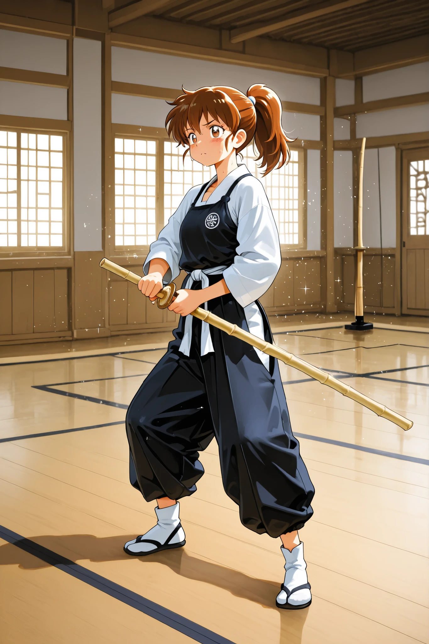 Masterpiece, fantastic anime style, super high resolution, Traditional Dojo, Beginner Swordsman, Practice scene, Morning Haze no Hikari, The texture of tatami, Lovely Expression, Sparkle of Sweat, ponytail, unfamiliar posture, Hand holding a bamboo sword, Warmth of wood grain