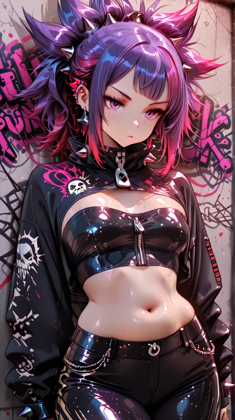 (masterpiece, Highest quality, Highest quality, Official Art, beautifully、aesthetic:1.2), (2 girls:1.8), Cinema Lighting、(Key Light：Front 45 degree angle, Subsidy light、Backlight、Shadow、Blue and orange color palette), Accurate human body、Someone knowledgeable、Correct five-finger、RAW Photos、 4K - ultra-vivid、Highest quality, masterpiece, Ultra-high resolution, (reality: 1.4), 1 girl、／Pink long hair/、(((/Black and purple super shiny  /)))、((( , /Wearing black sunglasses,White shirt/ , high school girl、Pleated skirt , Cleavage ,Oilskin)))、(Shiny body: 1.5)、 Be embarrassed、(:1.5)、((/Black Mask/))、Full of embarrassment、Sexy pose、((vapor))、/break/, On the bed in a love hotel、(((/Pink lighting/)))、dim, Nasty room、Desaturation in the room (((Oilskin,Glowing Skin、Realistic skin texture、Beautiful skin in every detail、Shiny skin、Shiny skin)))、 Upper Body Shot, Low camera angle, Written boundary depth, Focus on the center, Fine Eyes, Perfect face and eyes、 1 girl、 17 years old, (Goth Makeup), (White skin), (T-shirt and skirt), (Show below ), (Fishnet tights), (Belly Button Jewelry), (Earrings), (Earringsのついた唇), /Purple eyes/, /Short black emo hair/, (Big Breasts), (8K), (wallpaper), (Dynamic Lighting), (Detailed face and eyes:1.2)、Short skirt、Low-cut platform boots and oversized shirts、Off the shoulder, /break/