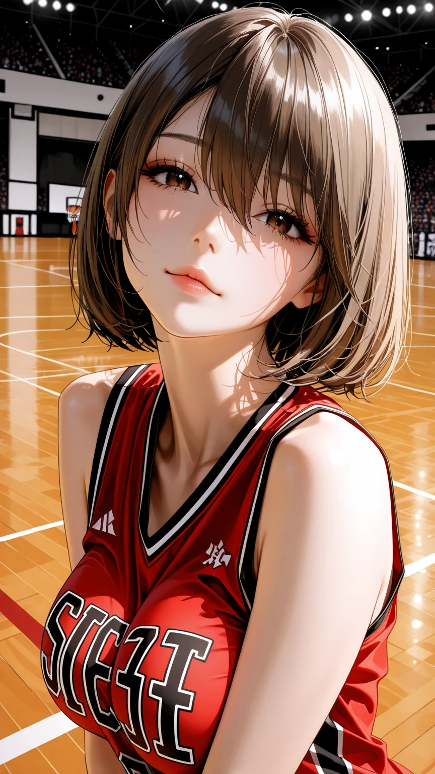 beautiful illustration, Haruna, haruna, Haruna, (masterpiece, detail:1.2), maorix, front view, score_9, score_8_up, score_7_up, score_6_up, score_5_up, close-up:1.21, Perfect configuration, super quality, 8k, super quality, beautiful Japanese woman, On the court, careful bright dark brown eyes, high resolution, big boobs, Upper body angle, anatomically correct ratio :1.331, Tiny Head :1.331, Complex and beautiful eyes like a camera lens,light brown hair, Bob Cut Hair, Red basketball uniform, long bangs:1.331, detailed skin, detailed face, careful bright dark brown eyes, Dynamic Poses, The viewer looks up at her, On the basketball court in the arena,