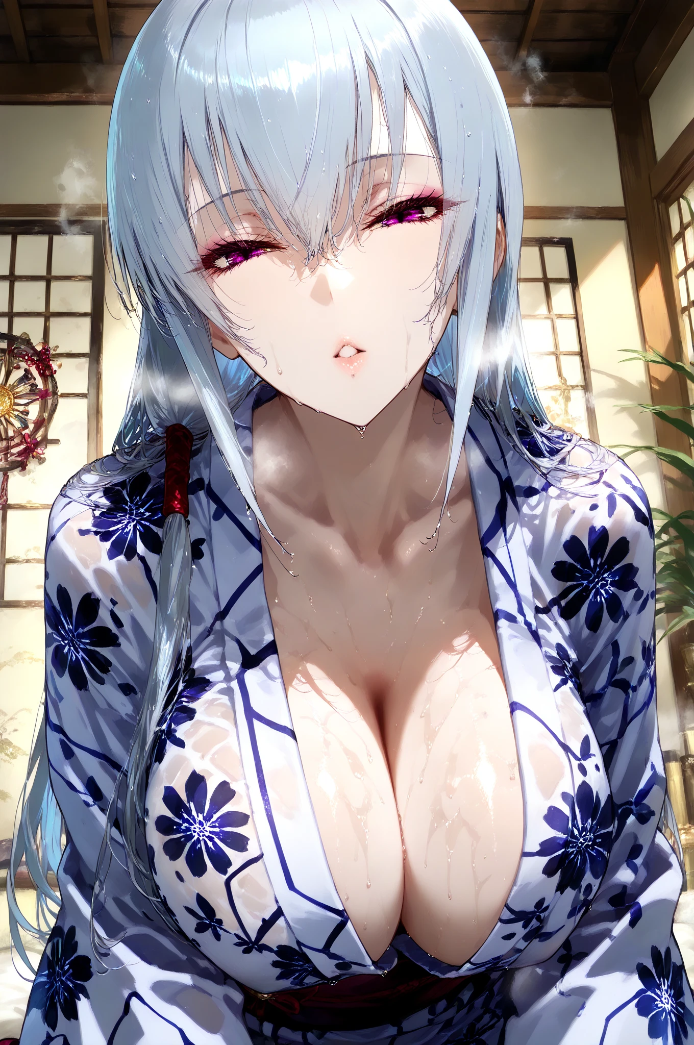 (((masterpiece, best quality))), (((superior quality))), cute girl, ((extremely detailed girl)), ((????????????)), (yukata), (???? shoulders), strapless top, silver hair