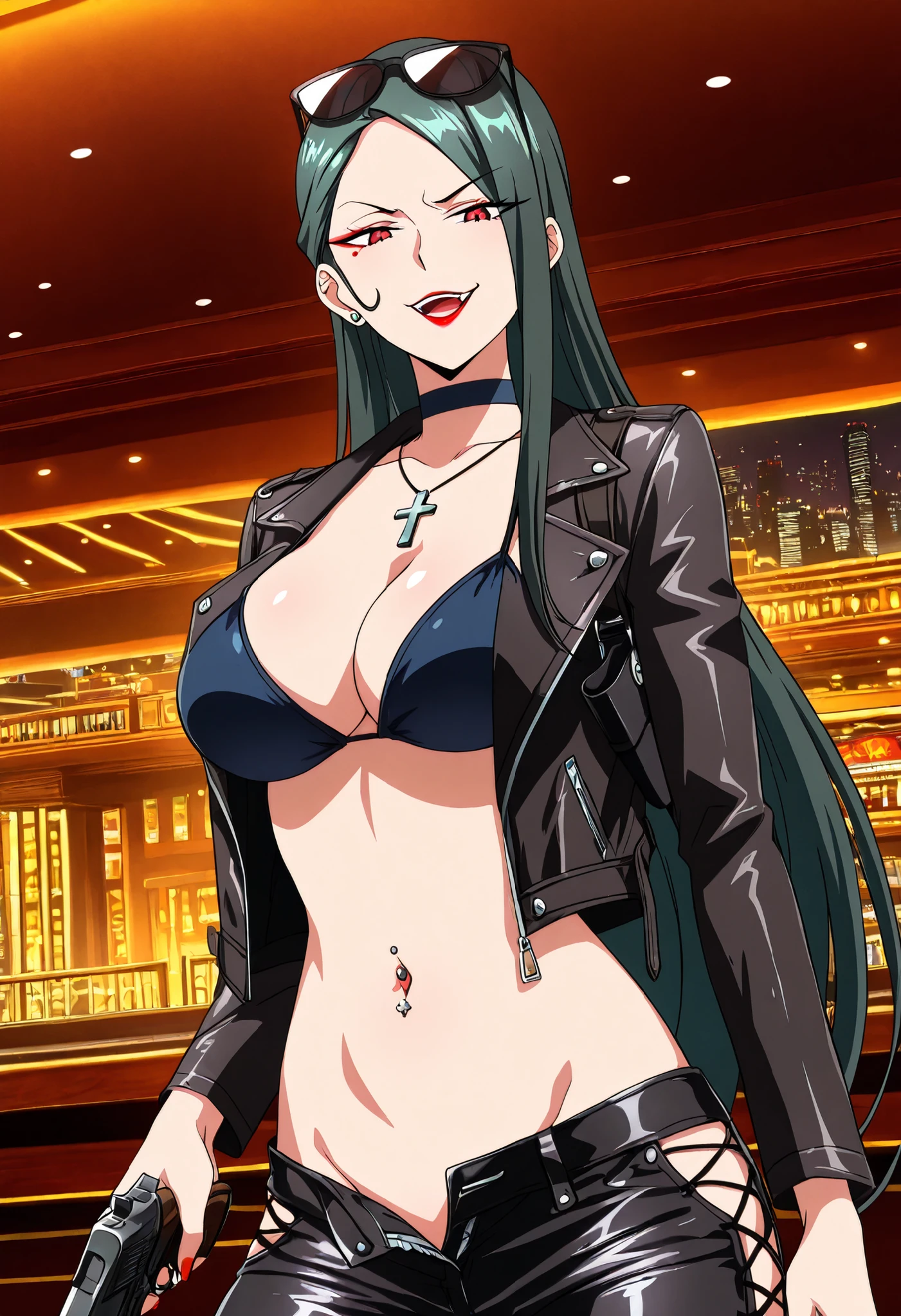 Qingmei, 1 girl, solo, red eyes, long hair, dark green hair, long side-swept bangs, half-up hair, , single long sidelock, single curved sidelock, , red lipstick, red eye makeup,
nail polish, ear piercing, long hair, , lipstick, Hot girl, baddie,, sensual, attractive ,choker , cross necklace, bar background, inside bar, indoors, cityscape, casino, nightclub, city lights,, masterpiece, best quality, highly detailed, a girls with a gun, evil smile , open mouth, gaze, badass
pose , evil smile, smile, () , guns blazing, anime girl with long hair, beautiful long
haired girl, navel, evil expression, exposed belly, exposed navel, exposed midriff, exposed lower belly,
long black pants, cleavage, unbuttoned leather pants ,open fly, low rise black leather pants,
leather jacket, holding a gun, holding pistol ,, pull_down leather
pants,(show off panties,:1.2, no panties), pull_down long black pants, pull_down black leather pants,
zip up leather jacket,bikini top, navel piercing, cross-laced slit, sunglasses on head, shoulder holster , medium large ,looking at viewer , dragon tattoo on waist, narrowed eyes, tattoo on waist, anipai_style , anime screencap , anime coloring, v-shape eyebrows,