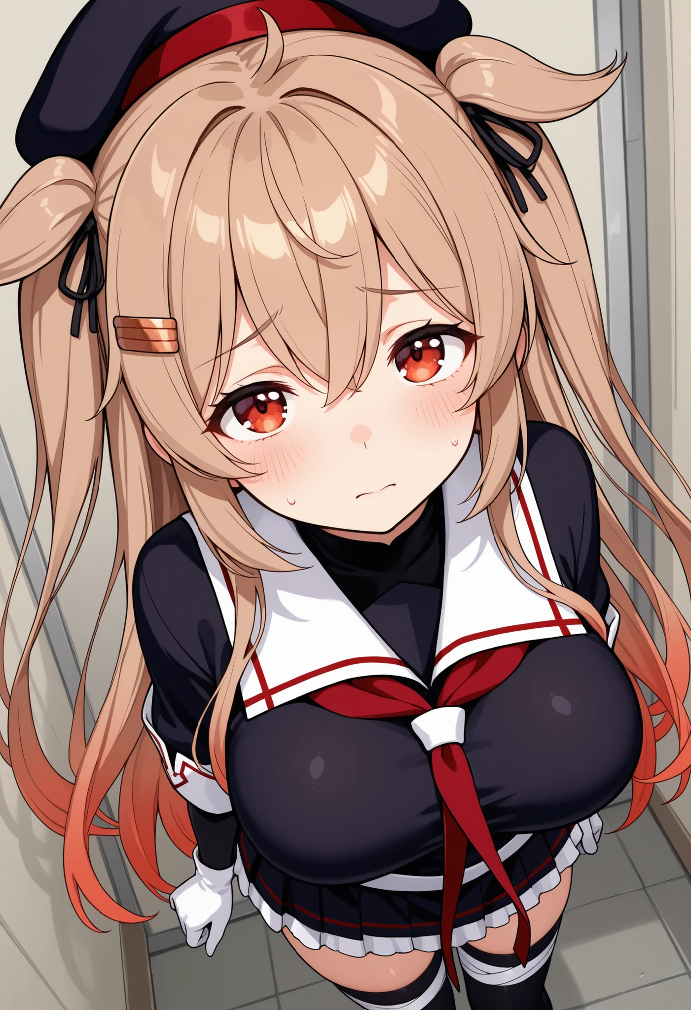 masterpiece, best quality, amazing quality, very aesthetic, absurdres,newest,huge filesize,murasame kai ni \(kancolle\), beret, black serafuku, gradient hair, hair flaps, hair ribbon,long hair, pleated skirt, red eyes,thighhighs, two side up, white gloves, BREAK,pov,standing sex,, looking at viewer, dutch angle, high angle, strange, sad,