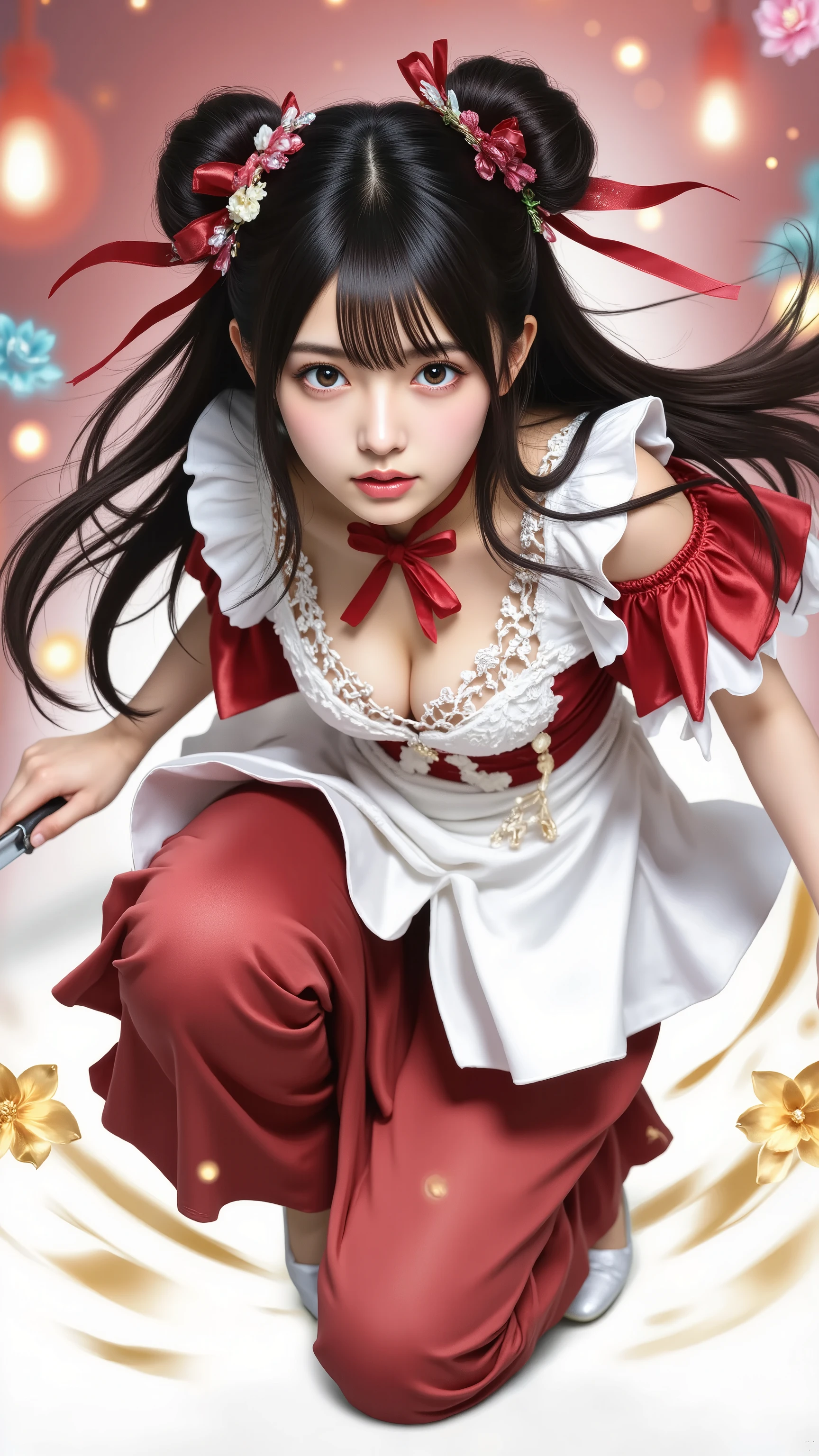 (((downtown))), girl in a red and white china dress running with a knife, anime moe art style with flower ornaments on the hair, OFFICIAL ART, Ayaka from Genshin Impact, shampoo, Marin Kitagawa fanart, Fate/Stay Night,  Iwakura Rain , Hyuga Hinata, detailed anime character art,  lori, OFFICIAL ARTwork, (bell hair ornament, red ribbon, Twin Bun Hair, long hair), (angry face, Cute small face), slender body, (detailed hands:1.3, Perfectly Right Hand:1.3), (Beautiful Breasts,  cleft), (Detailed Eyes and Faces:1.2, Professional Shooting Techniques), (Highest Quality, Highest Image Quality, masterpiece), reality, ultra high definition, (High nose, Moisturizing Lips)