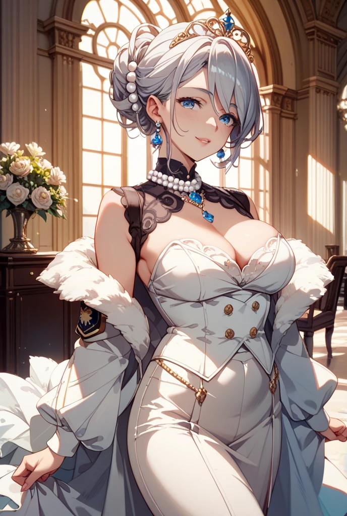 1girl, labrynth, silver hair, grey eyes, large breasts, horns, cleavage, white dress, silver castle, ivory, exquisite, chandelier, smug, hand over mouth,
white interior,
<lora:labrynthv2-000006:1>
