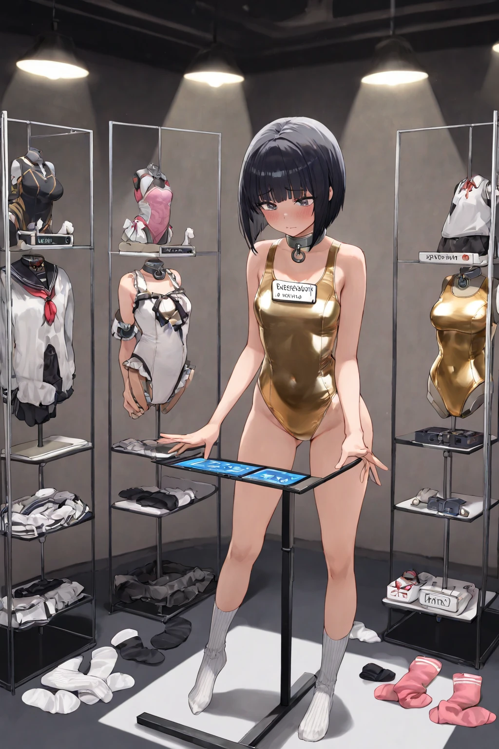 ((masterpiece)),((best quality)), <lora:sexToyTransformation_v10:1.2>,transformation,(nude),1girl, <lora:specimenGirl_10:0.7>,hyohon,school uniform,panties,socks,bra,dildo aside,uniform,lying,sandals,footwear,hair ornament, condom, school handbag, school swimsuit,counter,display case,merchandise, mall