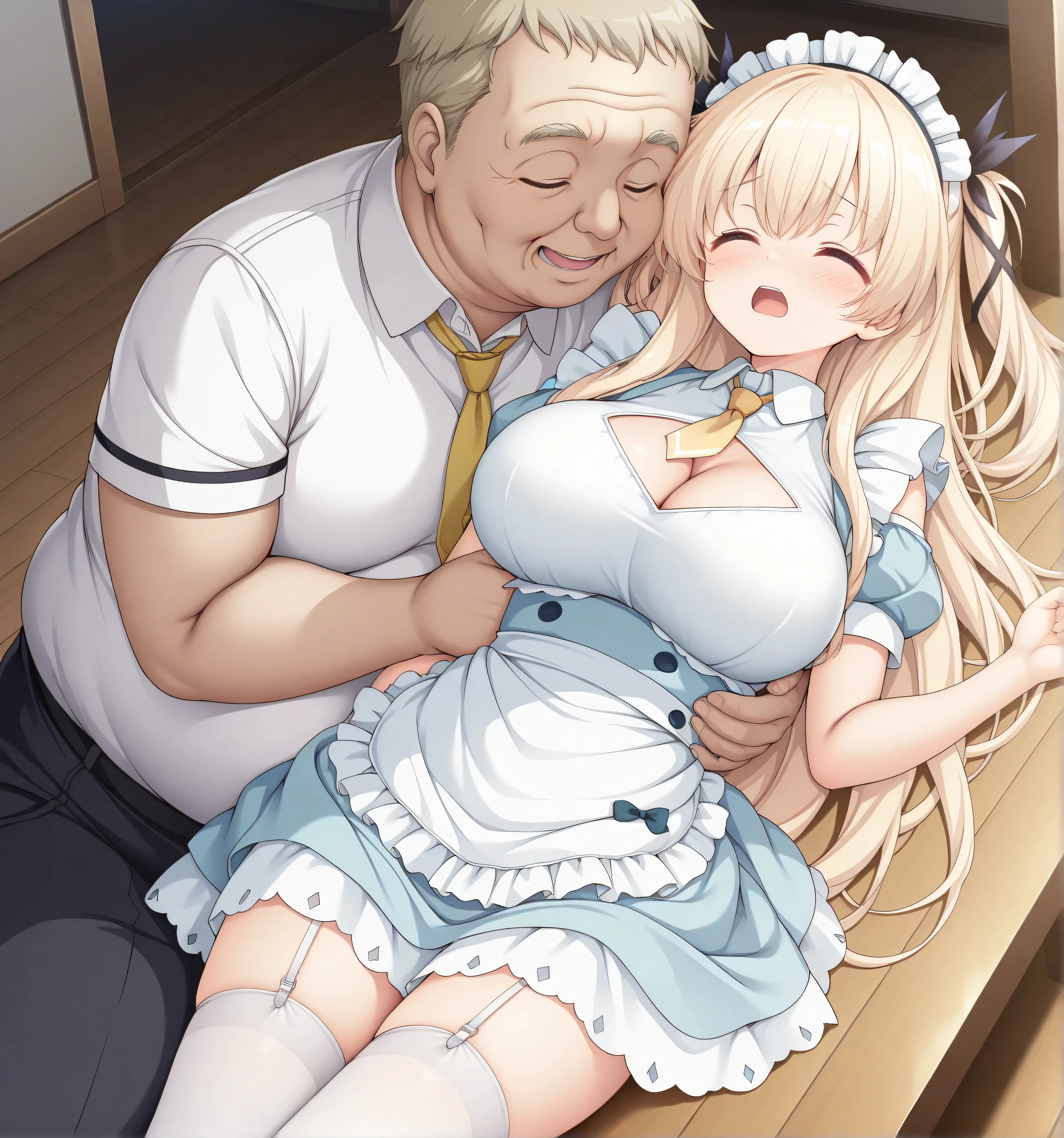 masterpiece, best quality, highres, scenery, newest, 1girl, official style, ren, blonde hair, closed eyes, passed out, lay down, two side up, hair_ribbon, large breasts, light blue maid dress, frillls, puffy sleeves, white collared shirt, cleavage cutout, apron, yellow necktie, garter straps, white thighhighs, scream, fat old man rape like nut and hug,