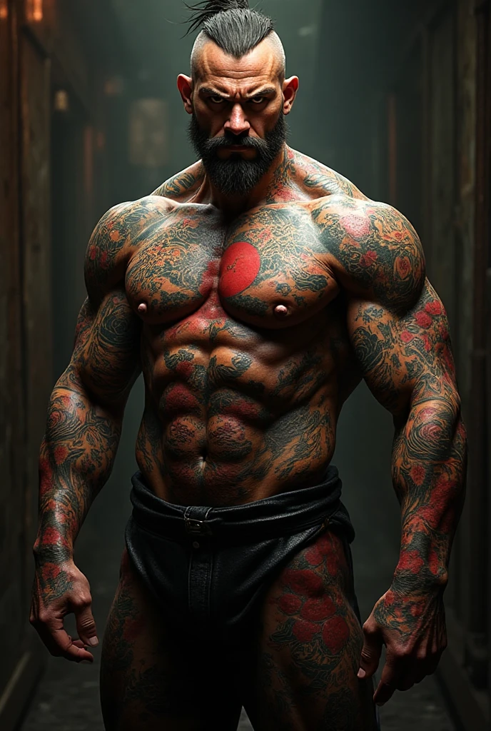 Draw me a gangster with tattoos all over his body, Asian man with muscles and 8 pack abs He is smoking He is wearing red and black briefs His body is hairy( belly hair, Chest hair, pubic hair, armpit hair)
He raised one hand.