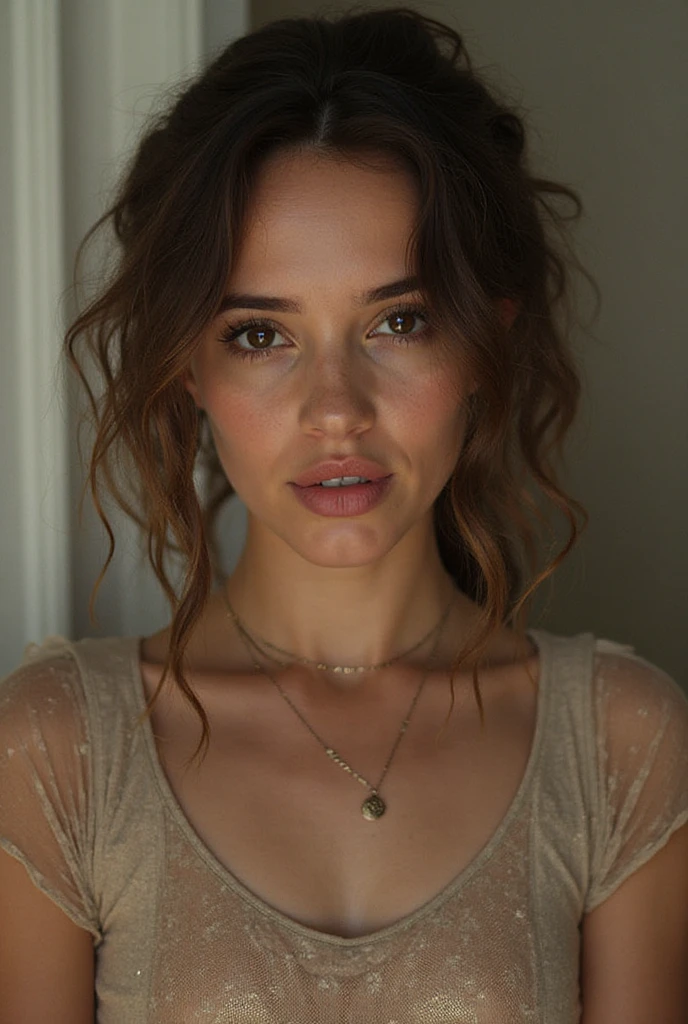 a portrait of DEN_debby_ryan in front of a [plain black background] wearing a black tank top, collarbone, [headshot], [centre frame], looking at the camera, facing the camera,
[gentle smile mouth closed lips closed], dynamic lighting, mole above her lip on the right,
photorealistic, high detail, detailed, masterpiece, 8k, highres, flawless, colour, professional