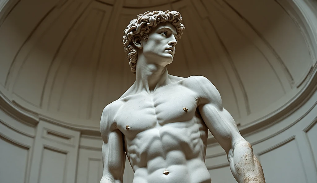((statue)), made of marble, renaissance, white marble skin, Michael Cera, bodybuilder, veins, shredded, giant, in the stage, shirtless, smile, showing teeth, wide smile