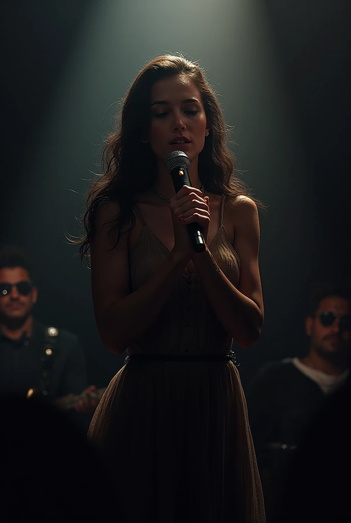 Kristen Stewart  beauty pretty long foots brunett long hair blue eyes  sing song microphone in hand music holl