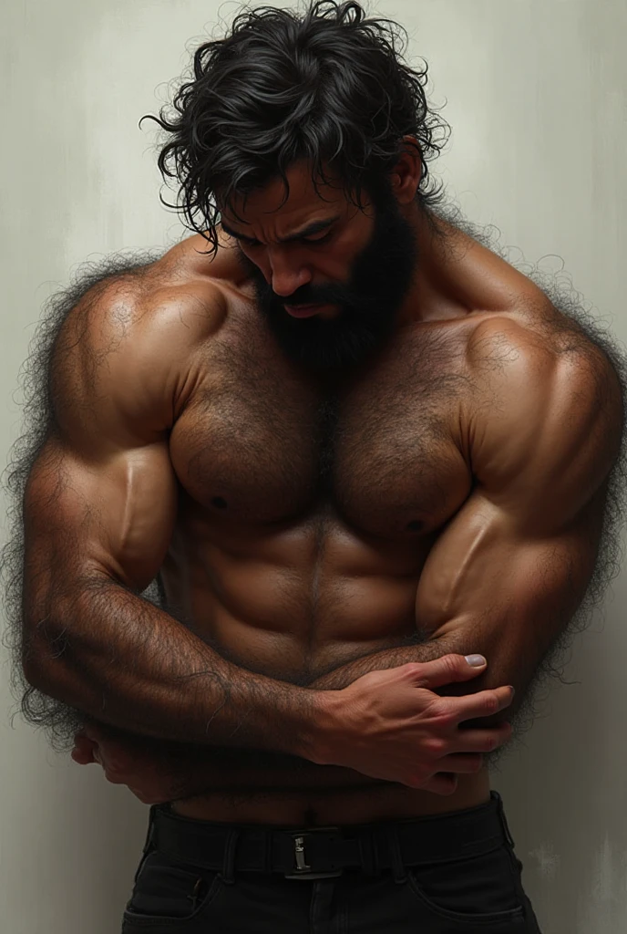 his long, dark caramel curls splayed against the grass. His beard, as well as the thick hair leading down his chest to his legs, which were laced with blood and dirt. His muscled body was covered in mud, cuts, and bruises, even burn marks, and His cheekbones, sharp even beneath his curls and beard, his eyes a sliver, but you could see the glowing amber staring back.
