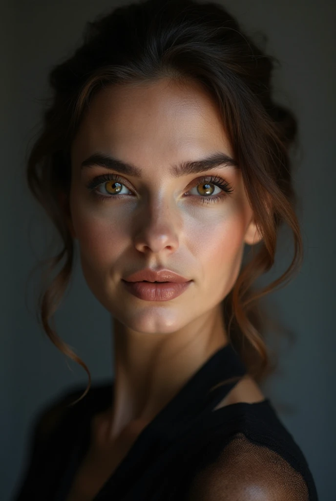 high quality, face portrait photo of 26 y.o european woman, wearing black dress, serious face, detailed face, skin pores, cinematic shot, dramatic lighting