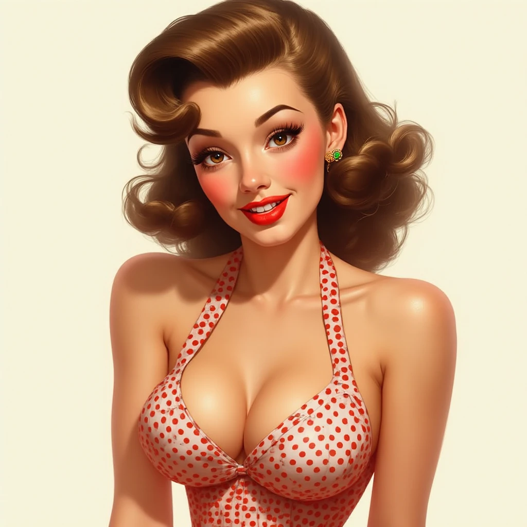 A beautiful blonde woman in a classic vintage pin-up style painting, posing confidently with a playful smile. She wears a fitted polka-dot dress with a sweetheart neckline, highlighting her hourglass figure. Her hair is styled in soft curls, framing her face in glamorous, retro waves. The painting captures a nostalgic 1950s feel, with warm tones and soft, brushstroke textures that bring out the rich colors and delicate shading. Her red lipstick and winged eyeliner add to the bold, flirtatious vibe, giving her a timeless allure in this classic pin-up artwork  <lora:vintagepinup:1>