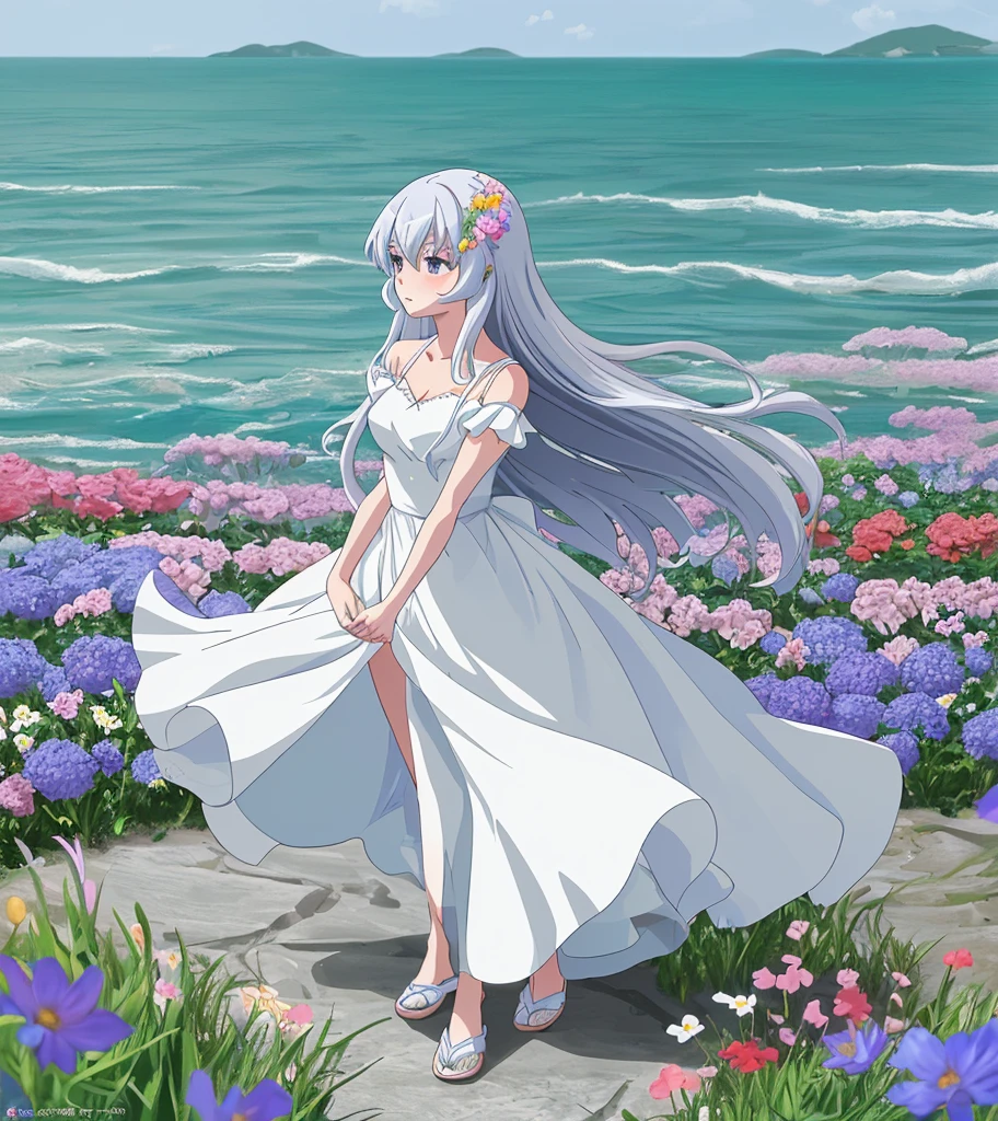  fresh girl，wearing a white dress， standing in a sea of flowers ，A gentle breeze ruffles long hair，anime style