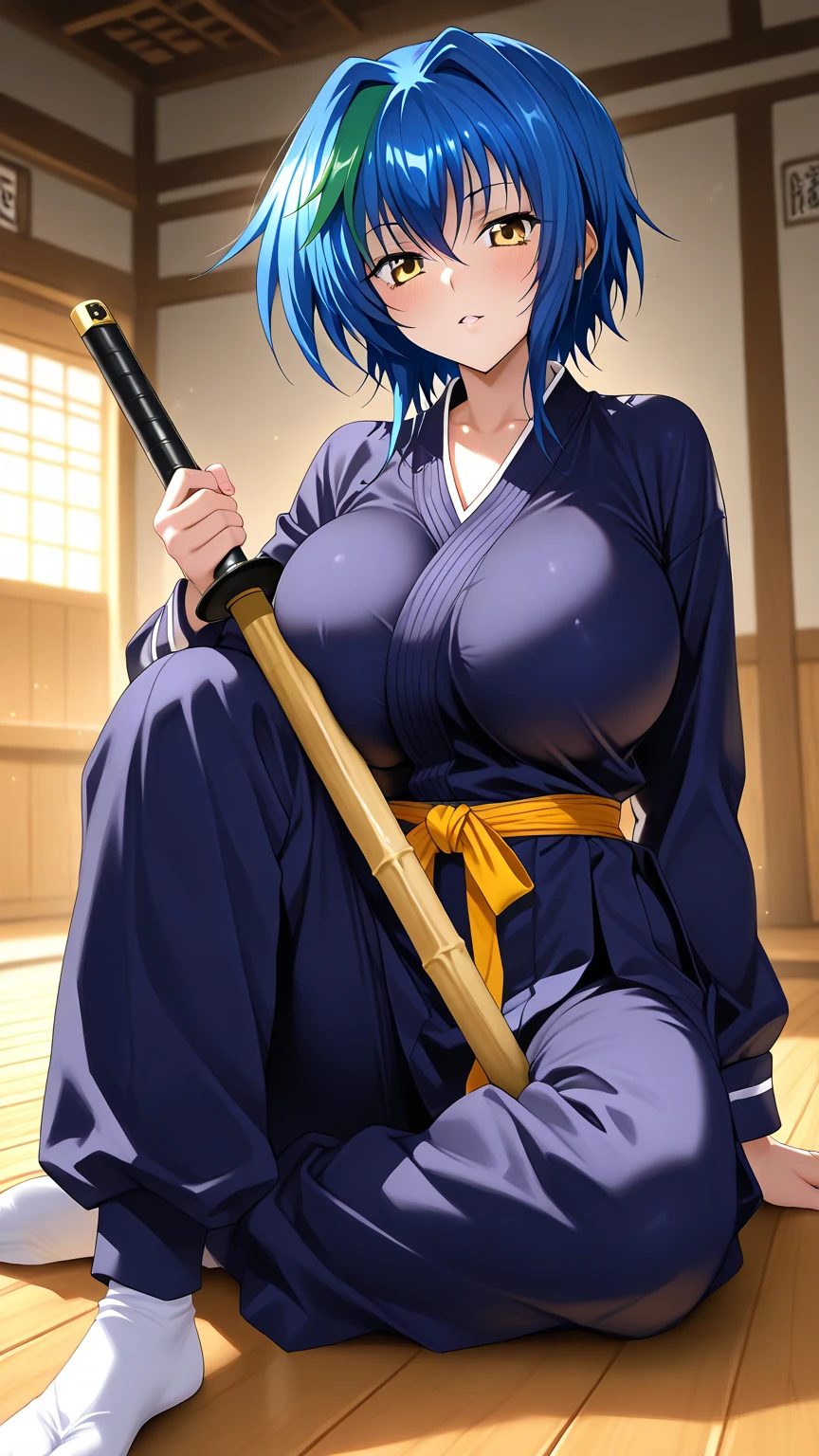 (high quality:1.2), intricate detailed,
(Sakuya:1.1), 1girl, solo, sitting on floor, spread legs, leaning back,
(looking at viewer:1.1), (blush:1.2), embarrassed, shy, open mouth,
purple hair, blue hair, long hair, brown eyes, hair ribbon, low ponytail,
ninja, short kimono, gloves, vambraces, puffy short sleeves, (blue:1.2) pelvic curtain lift, (white panties:1.2),
large breasts, cleavage, curvy, white thighhighs, no shoes,
indoors, east asian architecture, shouji, day, sunlight,
<lora:Sakuya:0.9>