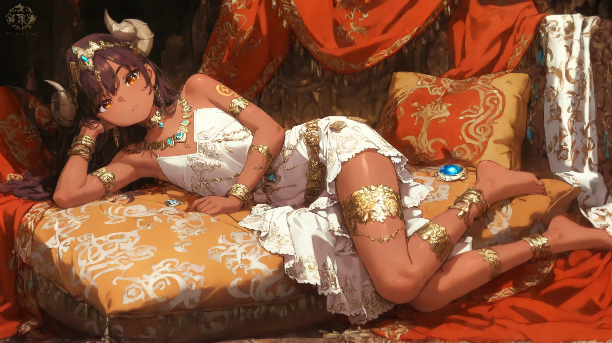(1 girl) empress Rhyn, tanned skin, short, petite, ram horns, flat chest, sharp amber eyes, dark brown hair, delicate body.  
Wearing a white silk dress, ornate gold choker with blue gemstones, gold anklets, gold bracelets, and gold wristbands.  
Red tribal body paintings, barefoot. Lazily resting.