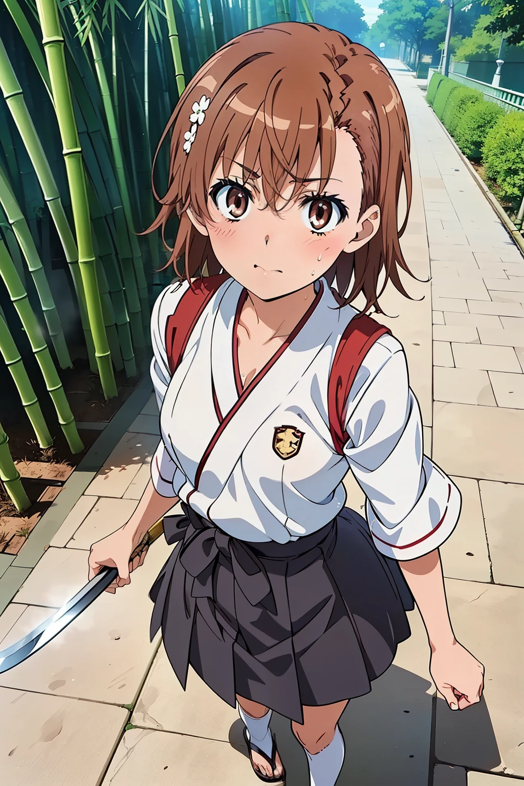 (masterpiece, best quality, high resolution, 8k:1.2), (anime coloring, official art:1.3), (short:1.3), perfect character design, highly detailed CG Unity 8K wallpaper, perfect face, perfect eye, perfect hair style, perfect body, beautiful body, beautiful skin, beautiful breasts, beautiful legs, beautiful hands, perfect hands, beautiful face, beautiful eyes, symmetrical eyes, slim body, (1 girl), (misaka mikoto, brown eyes), (small breasts:1.2), (brown hair, short hair, bangs, eyebrows visible through hair, hairpin), (white dogi:1.3), (black long hakama), (a bamboo sword), ((holding a bamboo sword), sweaty, practicing swing, up and down), (school kendo hall:1.3), (looking at the viewer:1.2), (from above:1.2)