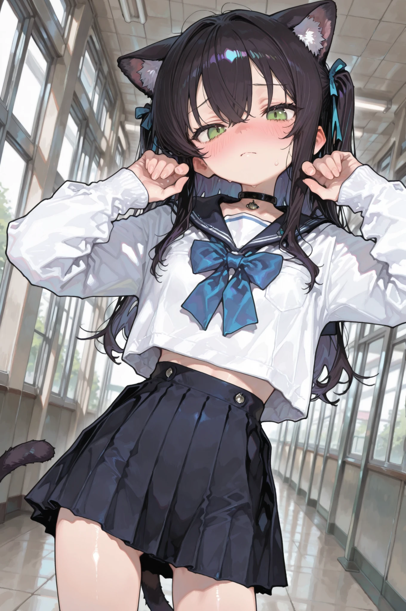 1girl, medium shot, school, catgirl, young, slim, cute pose, school fashion, extreme style, skirt, choker, beautiful hair, strong blush, shy, small breasts, (Masterpiece), newest, perfection, (best quality), (highest quality), (detailed), (aesthetic), beautiful angle, volumetric lighting, HDR, 4k, 8k, detailed background, shiny skin, 748cmstyle, usnr, WorldSaboten