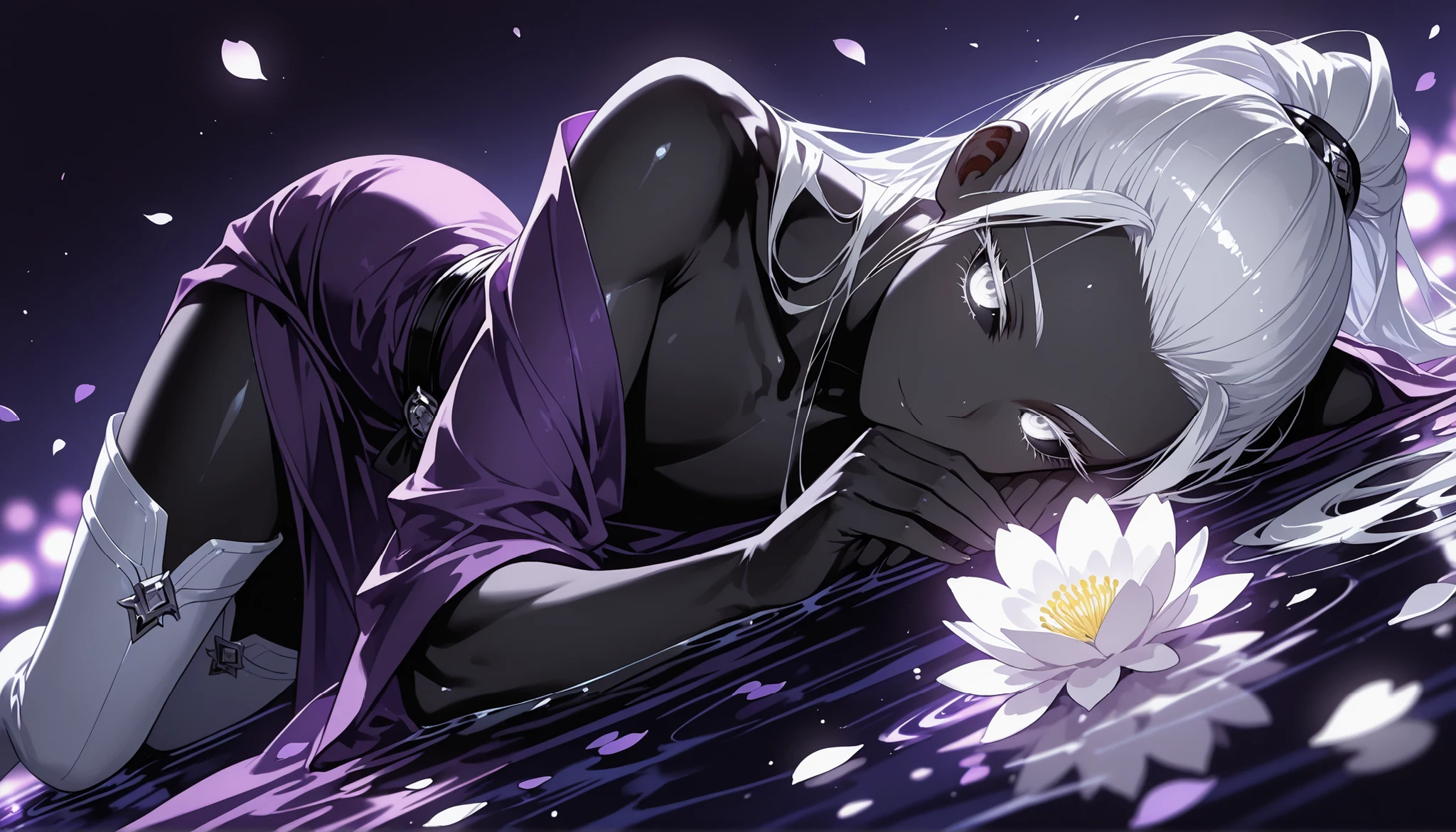 solo, upper body {((man)),  ((adult:9)), otoko no ko, toned, ((long starry white hair)), hair pulled back into a long ponytail, black skin, white eyes, colored sclera, black sclera, white eye lashes, white eyebrows, purple oversized white silk robes with silver moon accents, chest bare, robes open, laying in a water, floating in water, angle from above, flower petals, seductive pose, long thigh high boots, seductive pose, [BREAK], blank background, blurred background, dark, night time, detailed eyes, eyeshd, perfect hands:1.0, lighting on upper body, purple lighting from front, [Break], general, masterpiece, masterwork, best quality, amazing quality, highres, newest, center framed,
