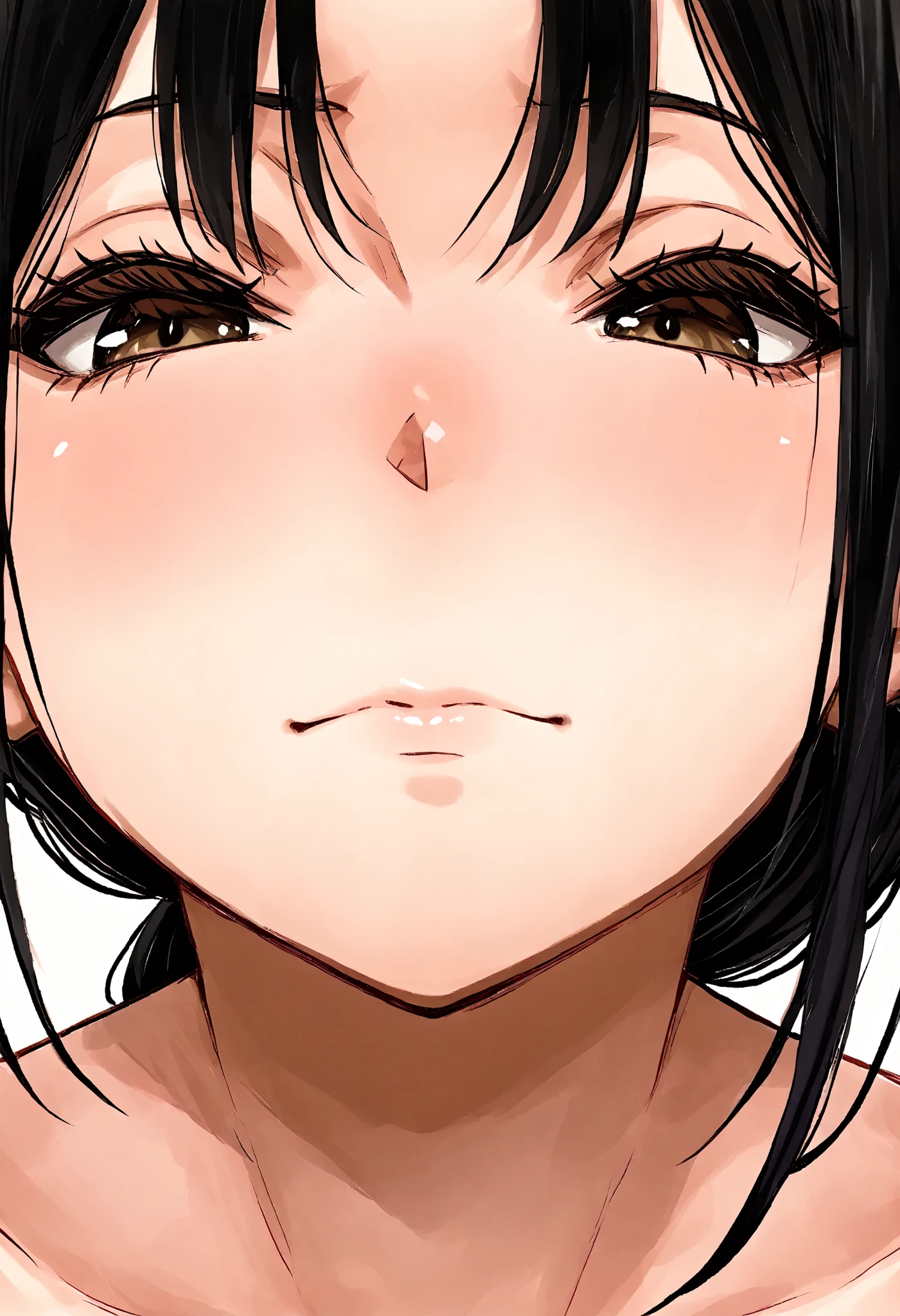 1 woman, age 40, natsume benkei, milf, NSFW, front view, mouth close-up, mouth focus, (random pubic hair), closed mouth, black hair