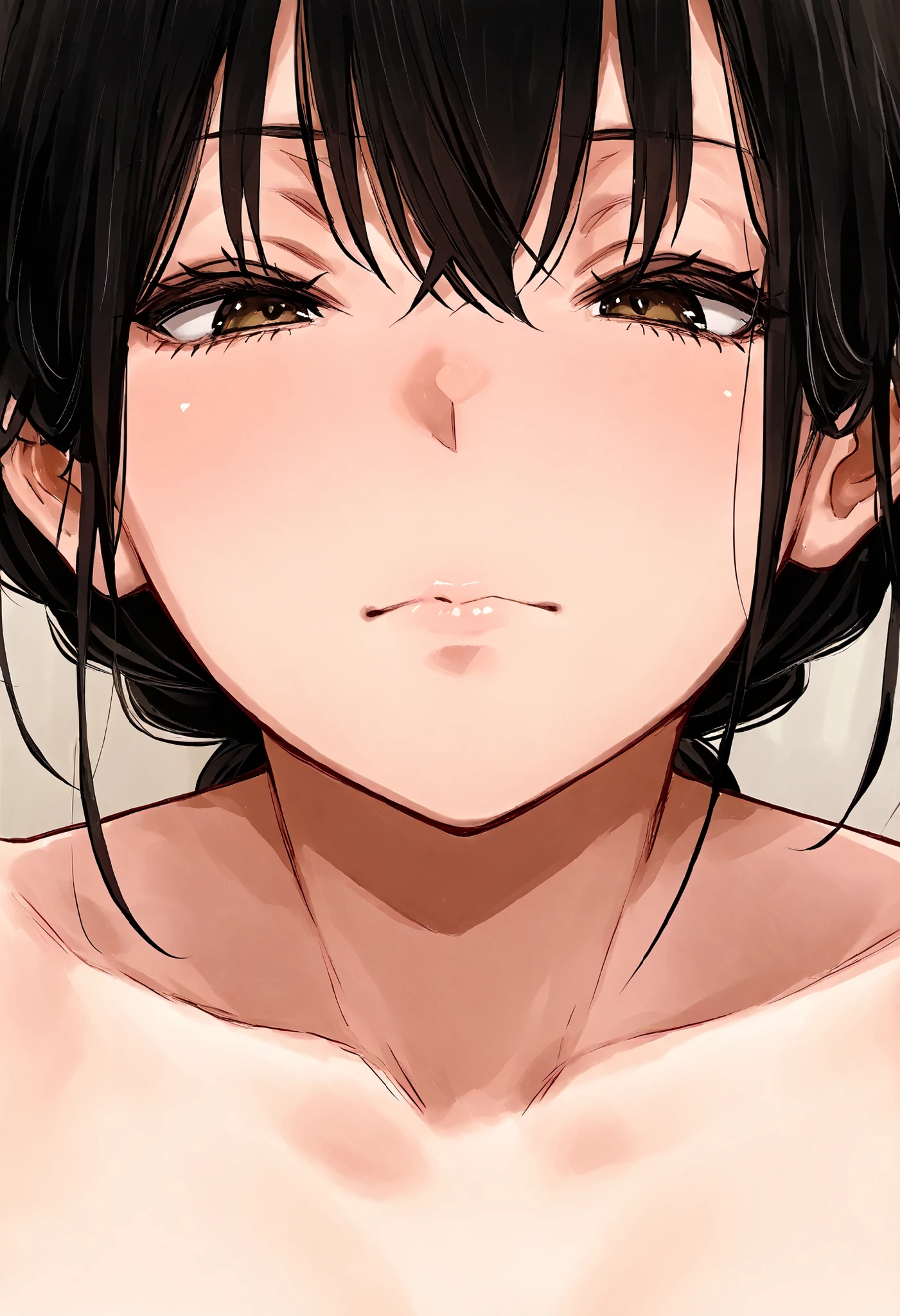1 woman, age 40, natsume benkei, milf, NSFW, front view, mouth close-up, mouth focus, (random pubic hair), closed mouth, black hair