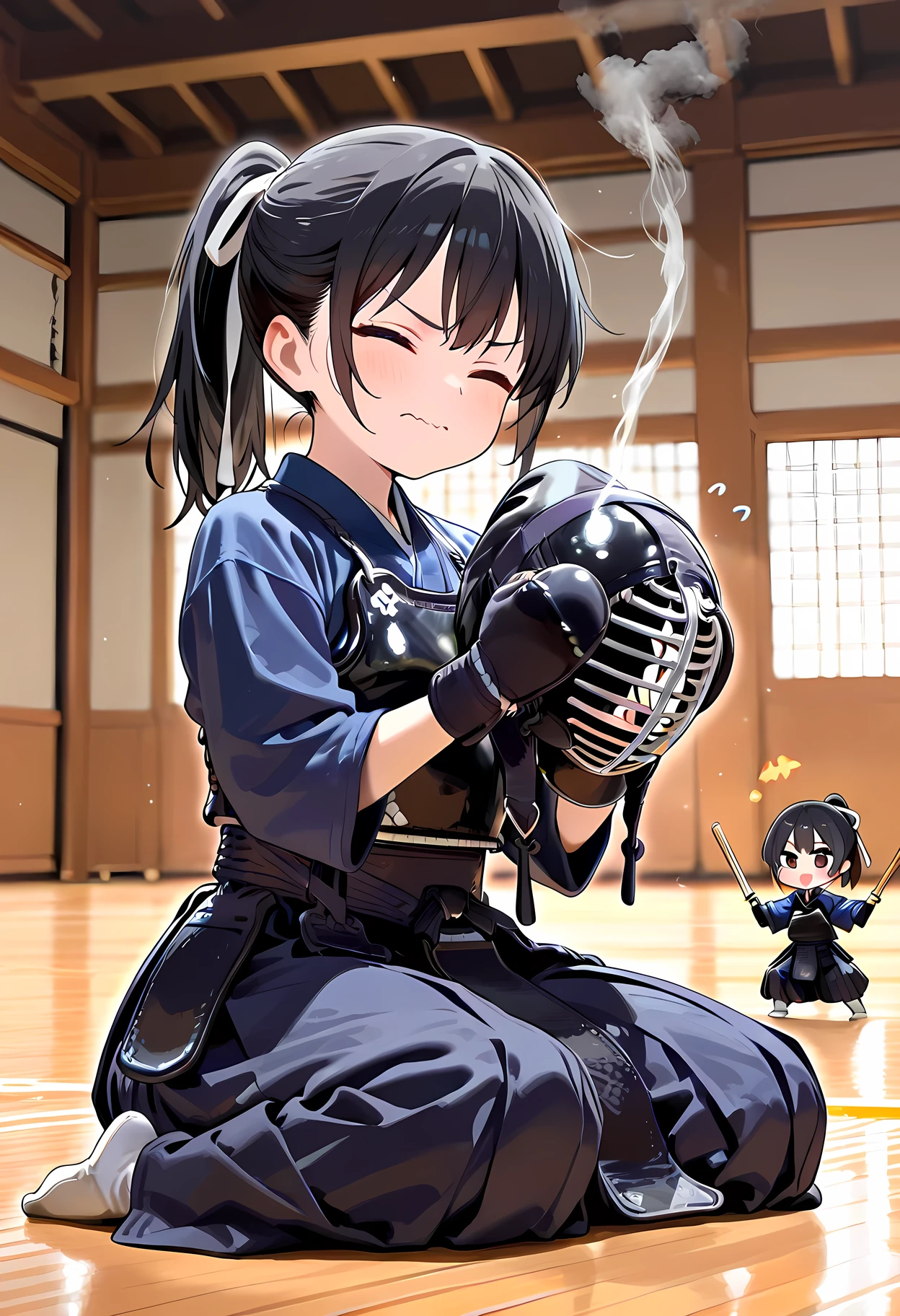score_9, score_8_superior, score_7_superior, masterpiece, best quality, absurdres, high_fidelity, vibrant, sauce_anime, rating_safe, Adorable, 1girl, short stack, (chibi:1.2), black hair, ponytail, kendo-gear, kendo uniform, hakama, armor, gloves, wince, wavy mouth, (holding kendo helmet, Smoke is rising from the kendo helmet:1.3), sitting on floor, wariza, dojo, light rays