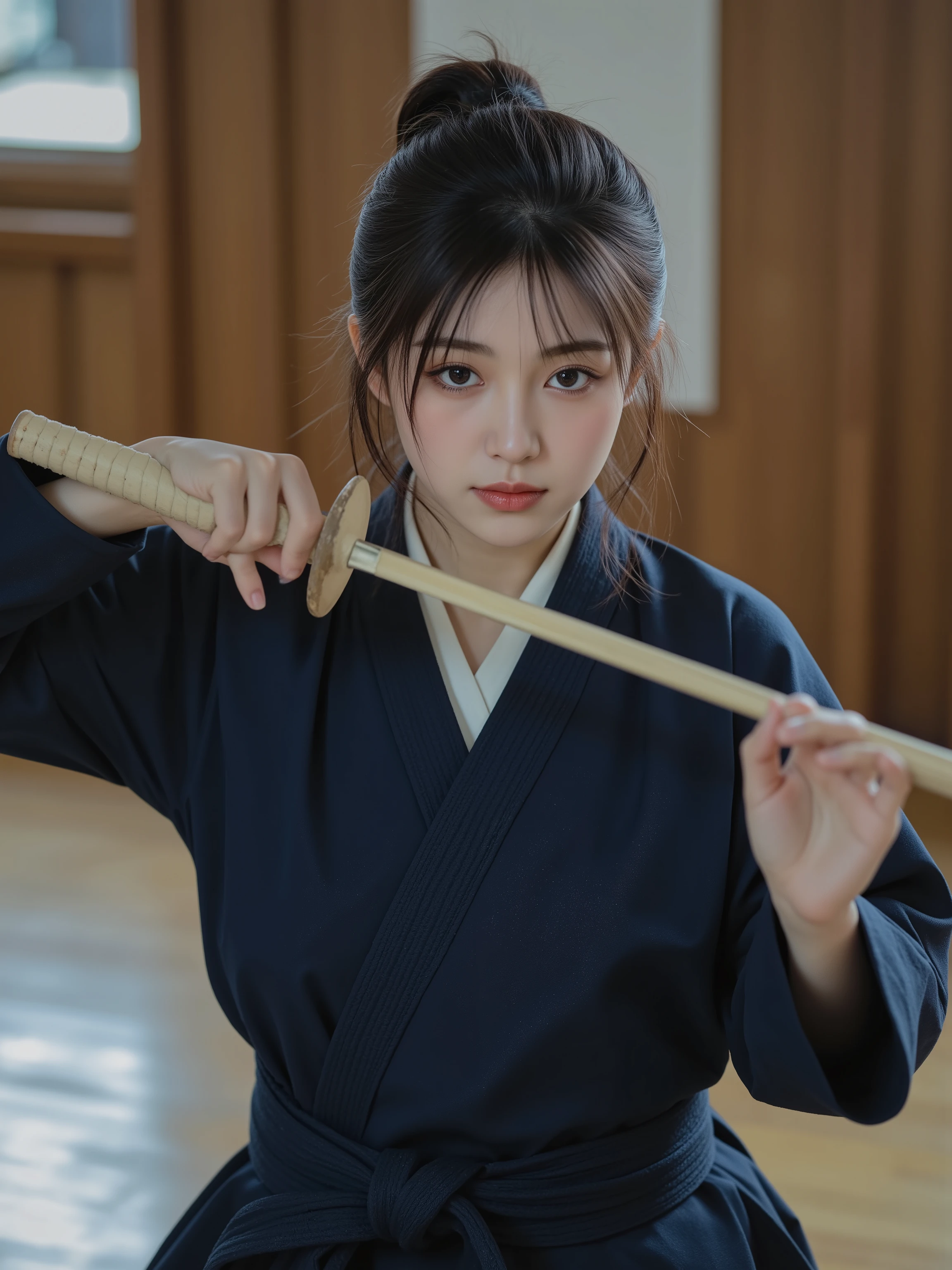 OBbllai,detailed hands,A beautiful female kendo practitioner, wearing a traditional navy blue kendo gi (道着) with a white belt and matching hakama (wide-legged pleated pants), holding a bokken (wooden sword made of white oak/shirakashi, light natural wood color with visible grain texture, smooth sword-like shape without a tsuba/guard, no angular block shape, single-piece design, no bamboo slats, no metal), both hands gripping firmly in a dynamic kendo stance, ultra-realistic, 4K, 8K, high definition, masterpiece, extreme detail, realistic, photo-like, HDR, UHD, professional studio lighting, sharp focus, physically based rendering, vibrant colors with cool tones, dojo background with polished wooden floor, intense concentration, sweat on her forehead, no armor, no fabric hat, no Korean hanbok, no modern clothing, no metal sword