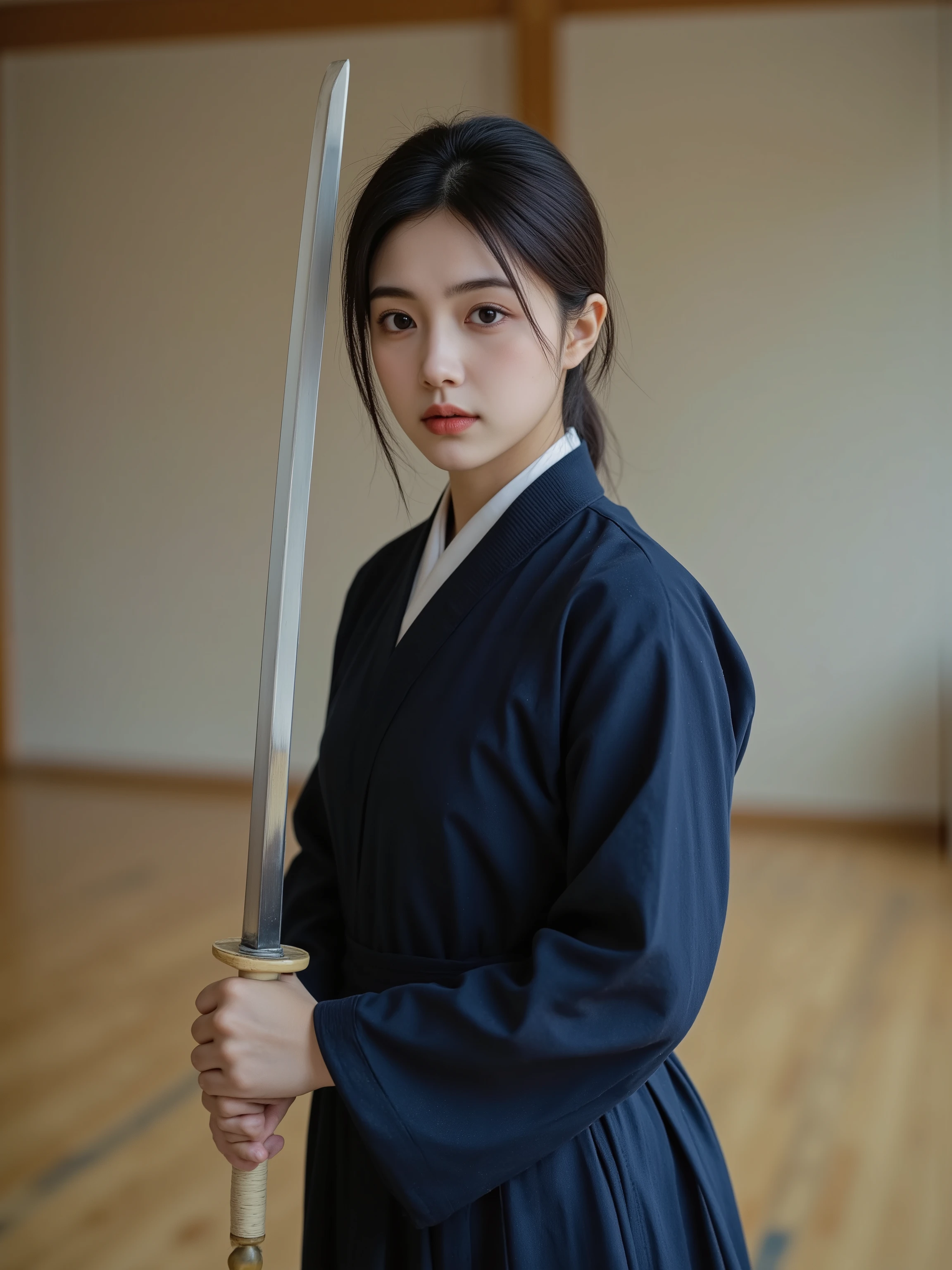 OBbllai,detailed hands,A beautiful female kendo practitioner, wearing a traditional navy blue kendo gi (道着) with a white belt and matching hakama (wide-legged pleated pants), holding a bokken (wooden sword made of white oak/shirakashi, light natural wood color with visible grain texture, smooth sword-like shape without a tsuba/guard, no angular block shape, single-piece design, no bamboo slats, no metal), both hands gripping firmly in a dynamic kendo stance, ultra-realistic, 4K, 8K, high definition, masterpiece, extreme detail, realistic, photo-like, HDR, UHD, professional studio lighting, sharp focus, physically based rendering, vibrant colors with cool tones, dojo background with polished wooden floor, intense concentration, sweat on her forehead, no armor, no fabric hat, no Korean hanbok, no modern clothing, no metal sword
