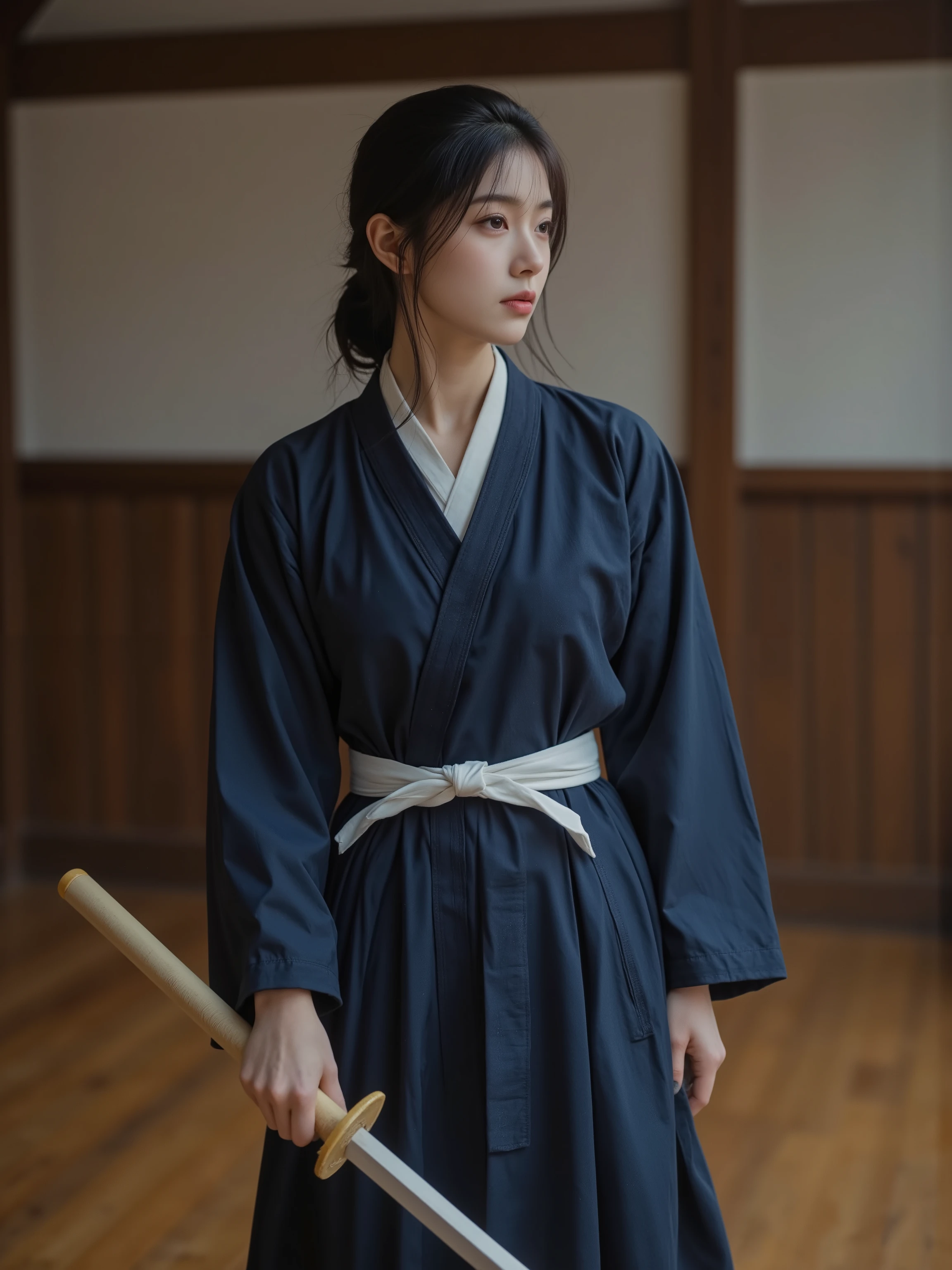 OBbllai,detailed hands,A beautiful female kendo practitioner, wearing a traditional navy blue kendo gi (道着) with a white belt and matching hakama (wide-legged pleated pants), holding a bokken (wooden sword made of white oak/shirakashi, light natural wood color with visible grain texture, smooth sword-like shape without a tsuba/guard, no angular block shape, single-piece design, no bamboo slats, no metal), both hands gripping firmly in a dynamic kendo stance, ultra-realistic, 4K, 8K, high definition, masterpiece, extreme detail, realistic, photo-like, HDR, UHD, professional studio lighting, sharp focus, physically based rendering, vibrant colors with cool tones, dojo background with polished wooden floor, intense concentration, sweat on her forehead, no armor, no fabric hat, no Korean hanbok, no modern clothing, no metal sword