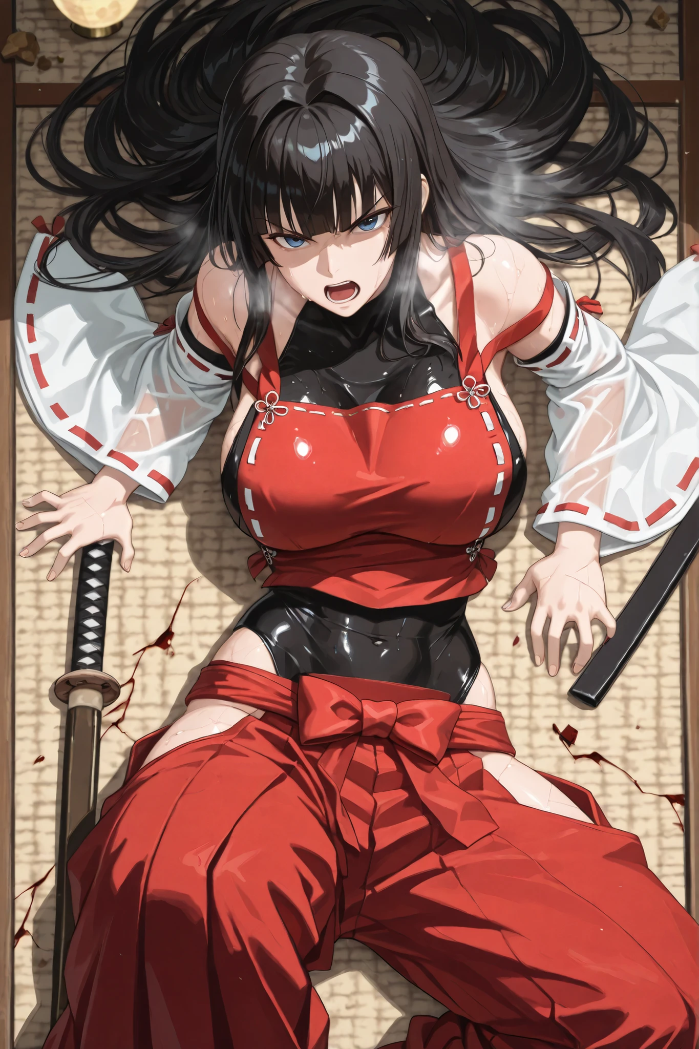 handfixer,Japanese background,SOLO,A mature Female,sendai hakurei no miko,red hakama(Broken), solo,Broken leotard under clothes, black Broken leotard(See-through), Japanese Broken clothes, nontraditional miko, black hair, hakama (Broken) pants, Blue eyes, large breasts, detached Broken sleeves, hip vent,(Black long hair,intakes hair,hime cut),((Holding A kendo shinai)),(Lying on the floor,Spreading legs,One Leg Lift), (Arm Raise),In front of the Shrine,Injured,bleeding,Cut,Outdoors,At Midnight,Full moon,UHD, masterpiece, anatomically correct, Shiny skin, super detail, best quality, highres, 16k, 1080P,(From above),(((Look at the viewer))),(Rebuke, scowl, v-shaped eyebrows, open mouth,Heavy breathe),Sweaty skin,Straddling,(((first-person view)))