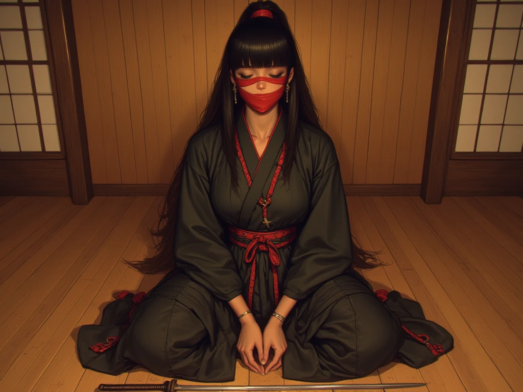 masterpiece, best quality, amazing quality, very aesthetic, absurdres, newest, <lora:JAVMASKIL:0.85> javmf, mask, eyeless, 1girl, solo, small breasts, wearing red kimono, tatami, covered breasts, seiza,