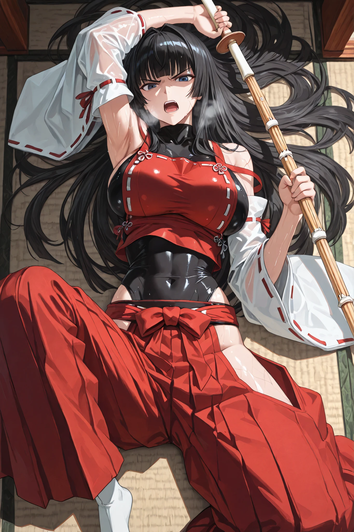 handfixer,Japanese background,SOLO,A mature Female,sendai hakurei no miko,red hakama(Broken), solo,Broken leotard under clothes, black Broken leotard(See-through), Japanese Broken clothes, nontraditional miko, black hair, hakama (Broken) pants, Blue eyes, large breasts, detached Broken sleeves, hip vent,(Black long hair,intakes hair,hime cut),((Holding A kendo shinai)),(Lying on the floor,Spreading legs,One Leg Lift), (Arm Raise),In front of the Shrine,Injured,bleeding,Cut,Outdoors,UHD, masterpiece, anatomically correct, Shiny skin, super detail, best quality, highres, 16k, 1080P,(From above),(((Look at the viewer))),(Rebuke, scowl, v-shaped eyebrows, open mouth,Heavy breathe),Sweaty skin,Straddling,(((first-person view)))