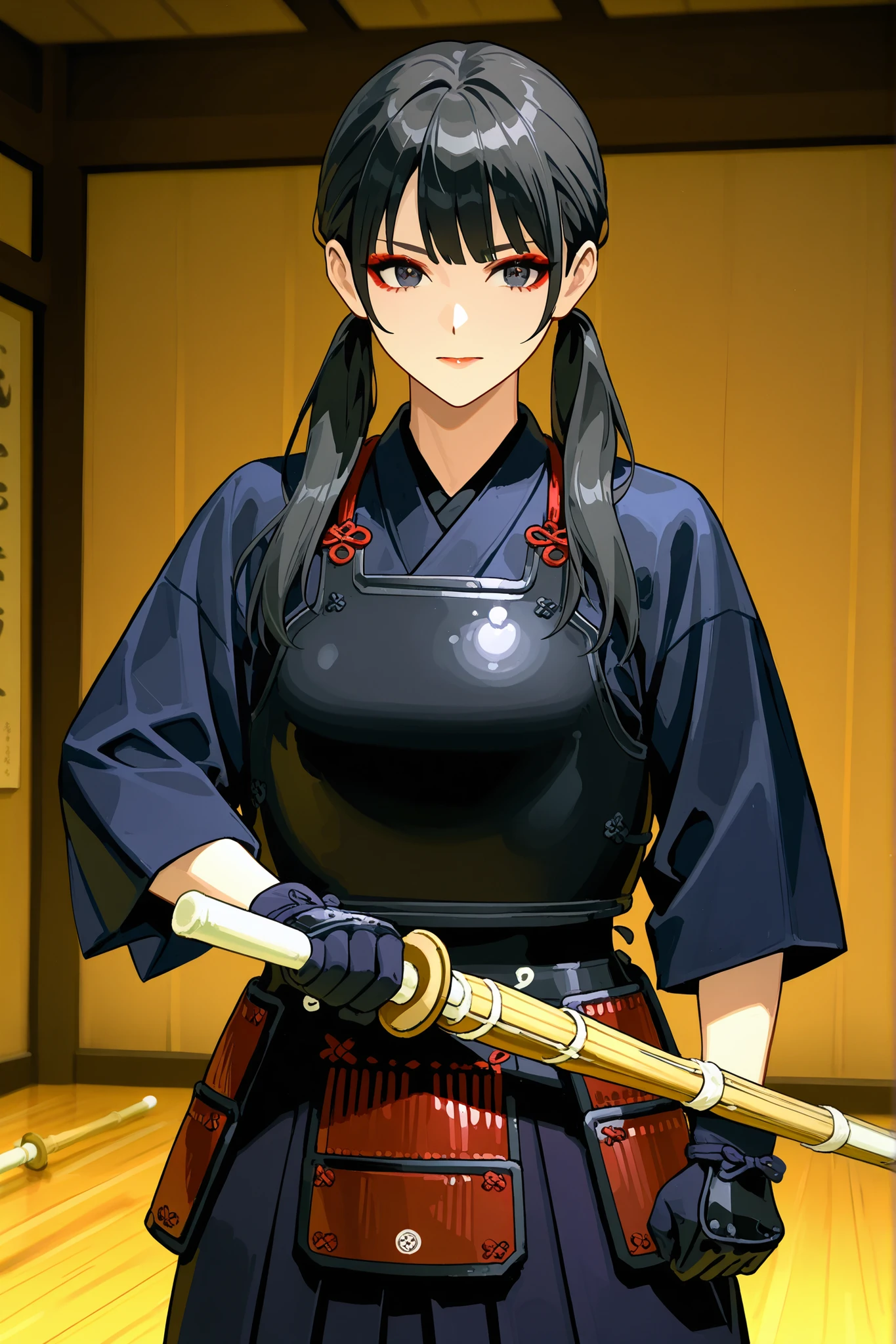 Beautiful Asian Woman, 健壮的体格, long twin tails hair, black hair, makeup and, medium_breasts, kendo, kendo_gear, kendo-do, kendo-tare kendo-kote,
armor, gloves, japanese armor, Shinai, Hakama ,portrait shot