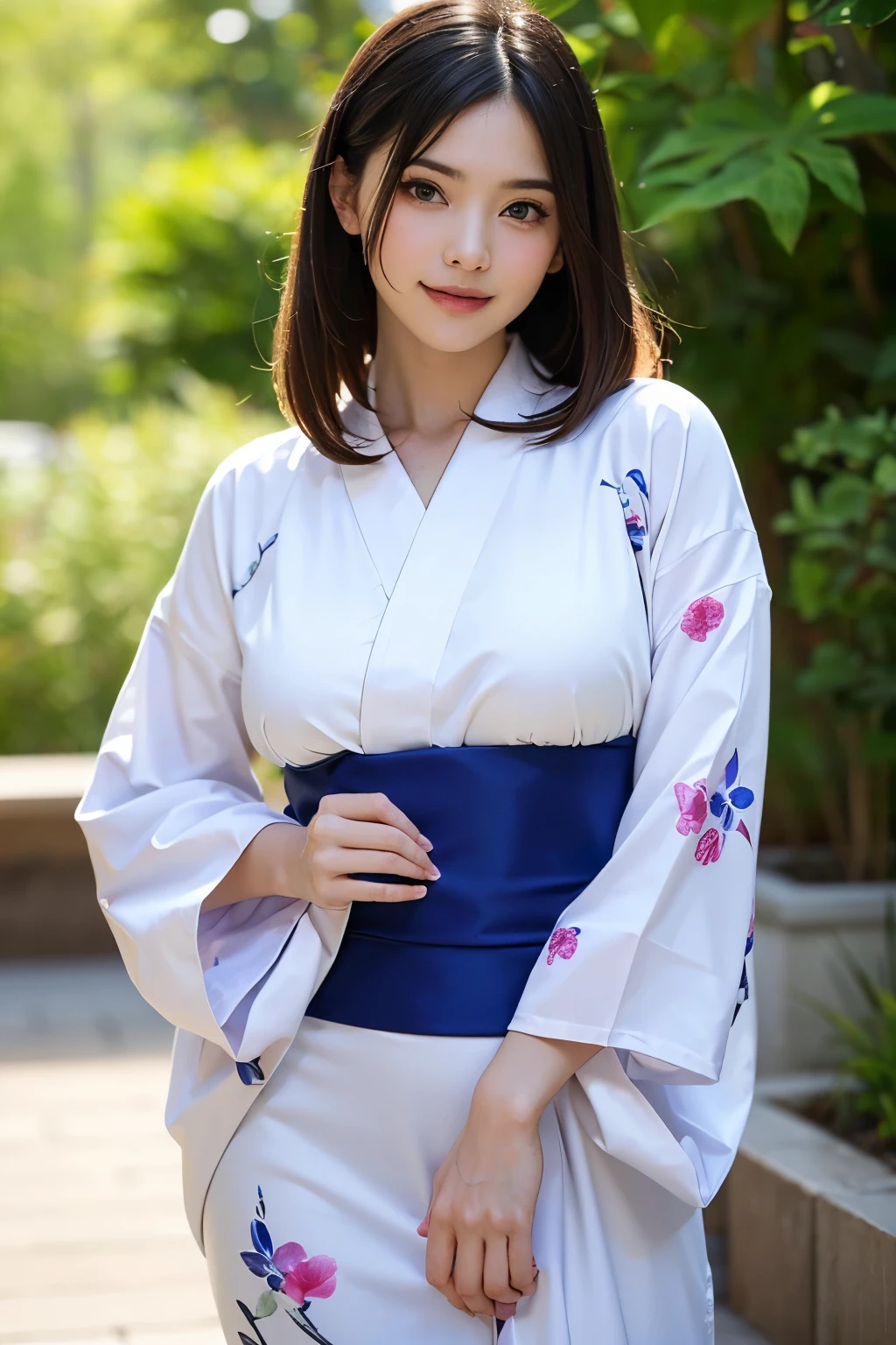 Beautiful yukata girl、 The background is a full body of a rural night Bon Odori dance、geta
