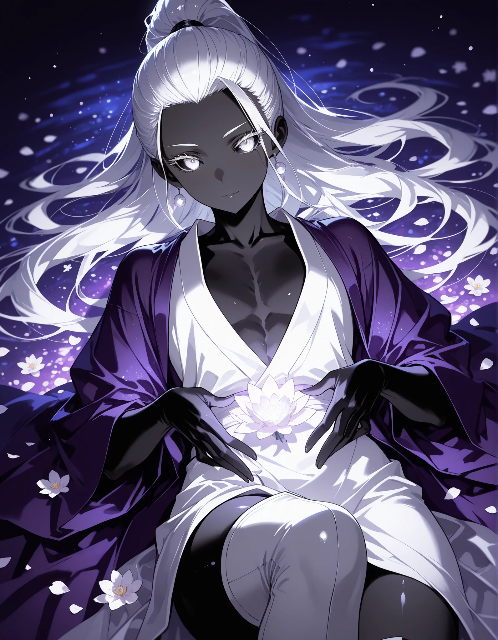 solo, upper body {((man)),  ((adult:9)), otoko no ko, toned, ((long starry white hair)), hair pulled back into a long ponytail, black skin, white eyes, colored sclera, black sclera, white eye lashes, white eyebrows, purple oversized white silk robes with silver moon accents, chest bare, robes open, laying in a water, floating in water, angle from above, flower petals, seductive pose, long thigh high boots, seductive pose, [BREAK], blank background, blurred background, dark, night time, detailed eyes, eyeshd, perfect hands:1.0, lighting on upper body, purple lighting from front, [Break], general, masterpiece, masterwork, best quality, amazing quality, highres, newest, center framed,