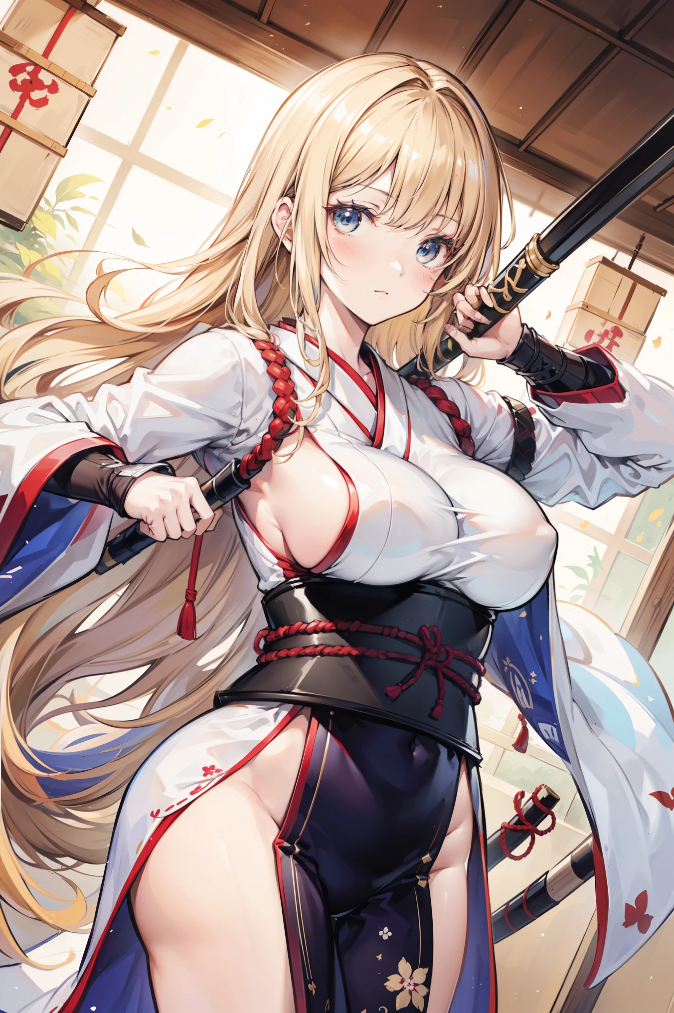 High-definition realistic comic style,An idiot girl in the Kendo club that is delicate and meticulous,Long hair flying,with a naive expression,wielding a bamboo sword,Wear a white uniform,The background is a traditional Japanese dojo,The sun shines on it,creating a warm and comfortable atmosphere,Rich in Details,Exquisite